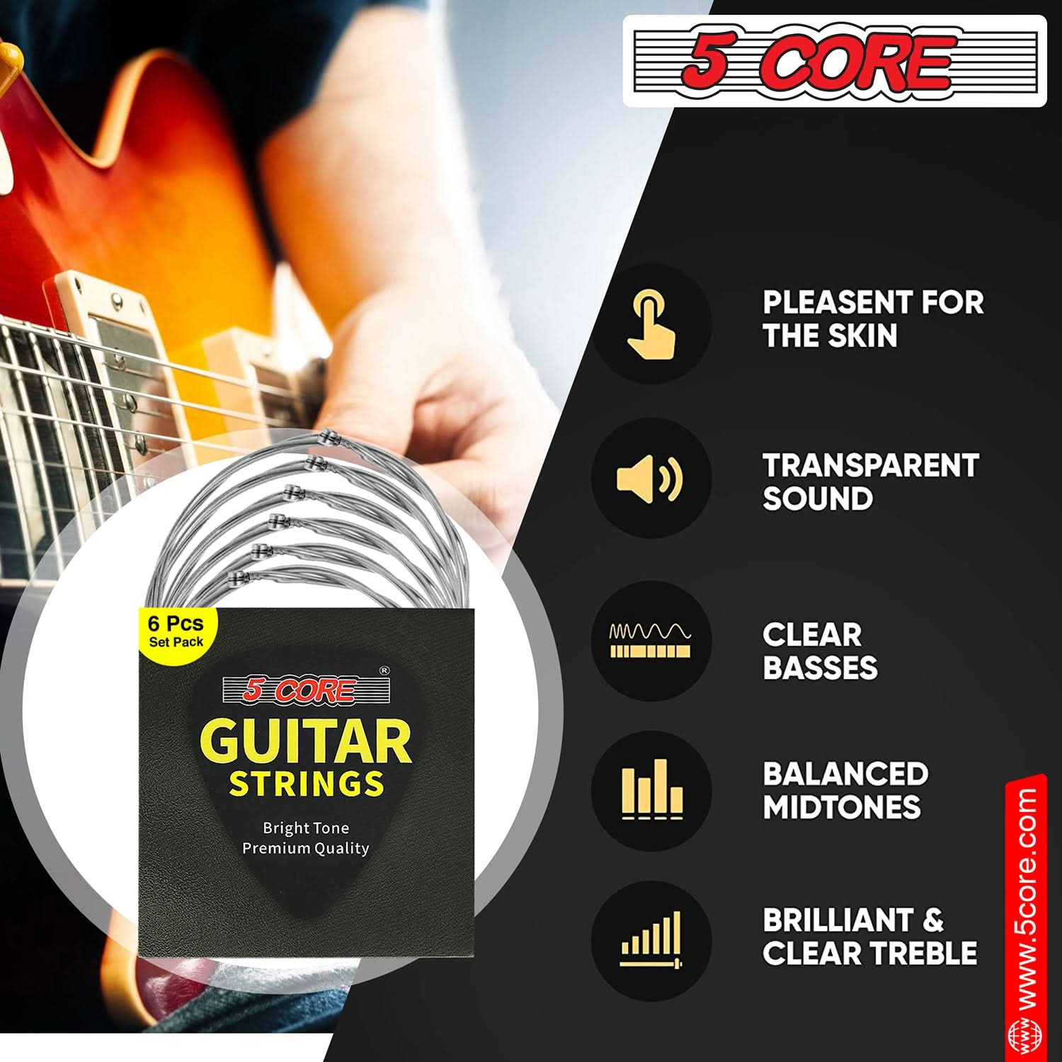 5Core Electric Guitar Strings Nickel 0.009-.042 Gauge w Deep Bright Tone for 6 String Guitars