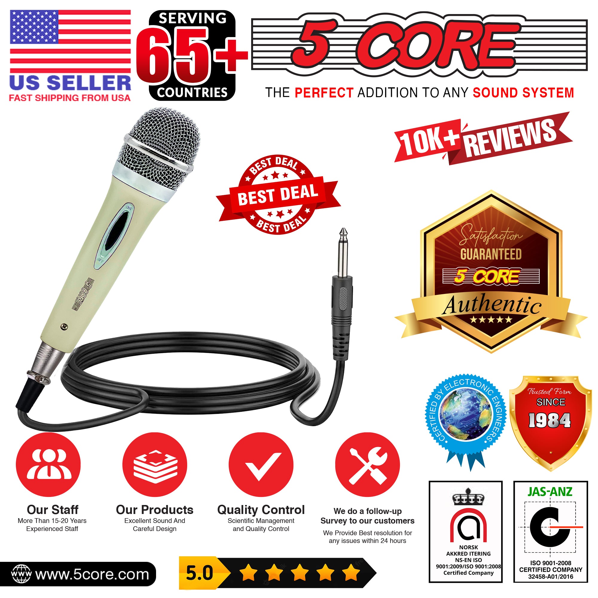 5 Core Karaoke Microphone Dynamic Vocal Cardioid Unidirectional Mic w ON/  OFF Switch XLR Cord PM 286 WH 