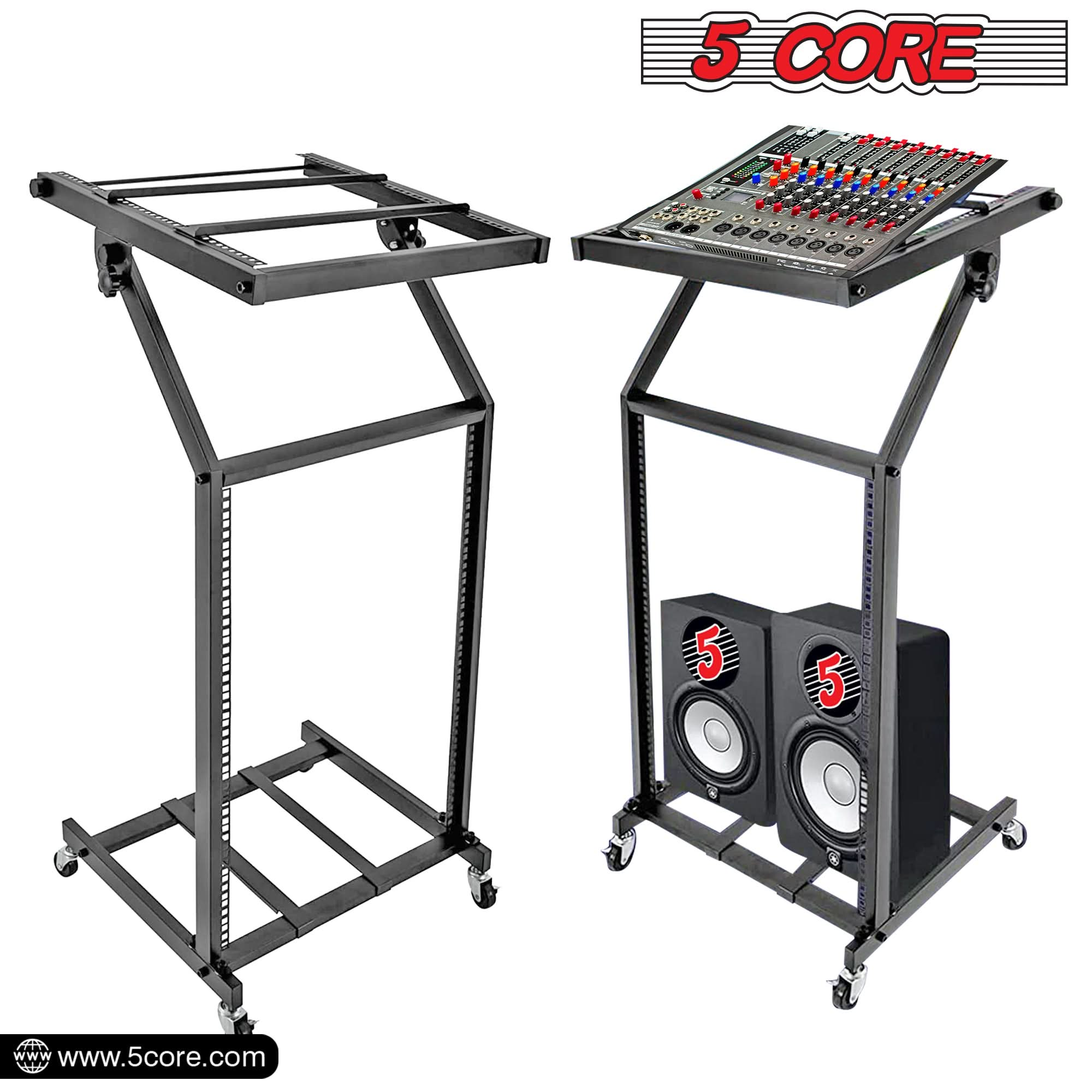 5Core DJ Mixer Stand 16U Adjustable Pro Audio Rack Mount Rolling Stage Cart w Wheel