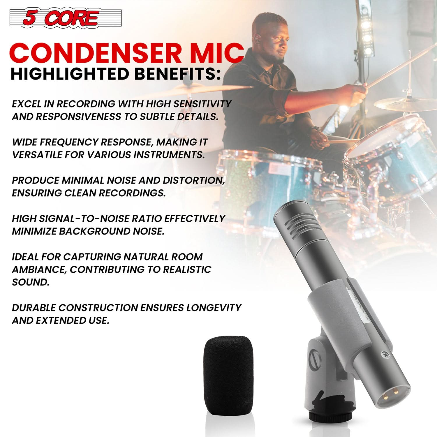 5Core Instrument Microphone Professional XLR Cardioid Pencil Stick Condenser Mic Grey