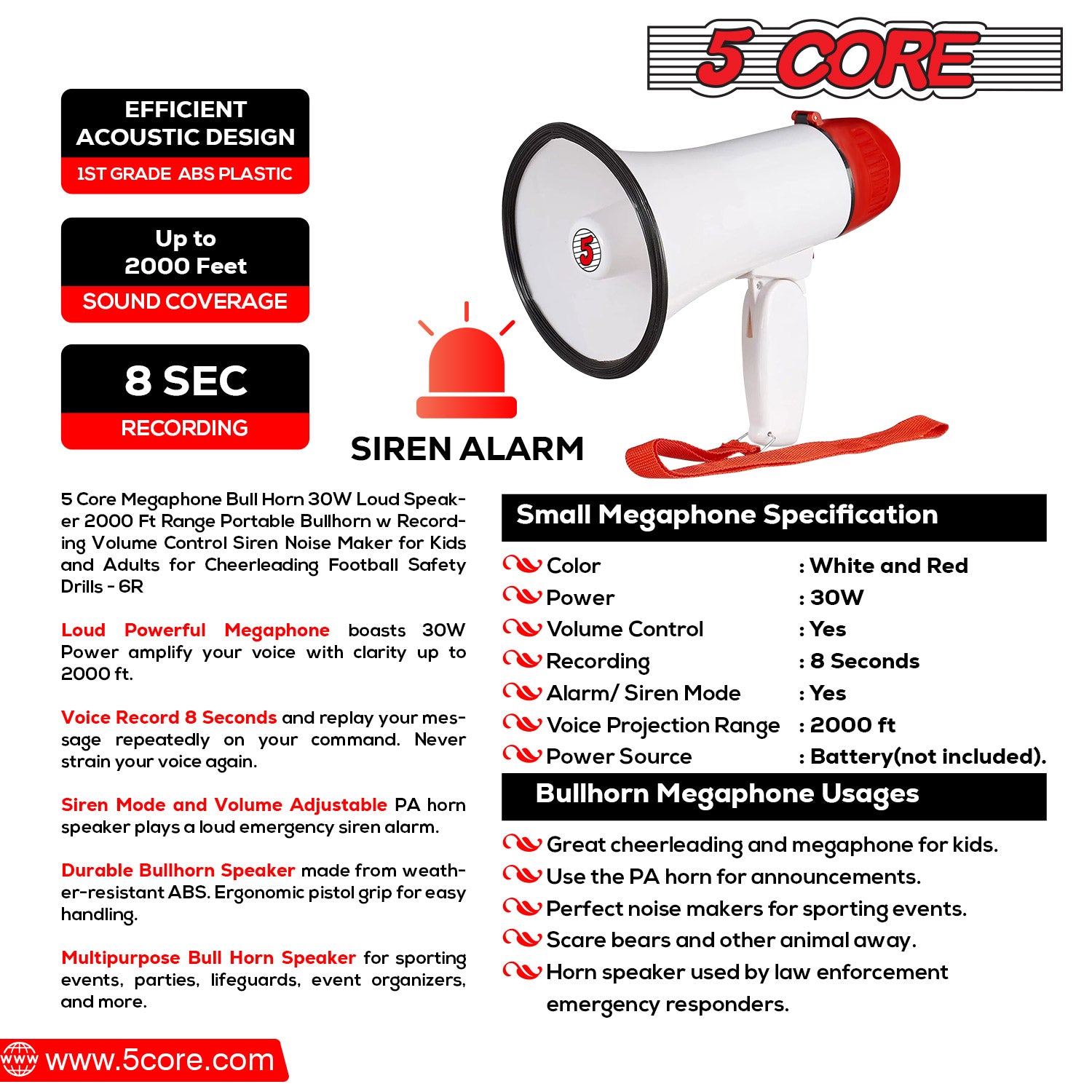 5 Core Portable Megaphone Speaker Rechargeable 30W Bullhorn w Siren Volume Adjustable 800 Ft Range