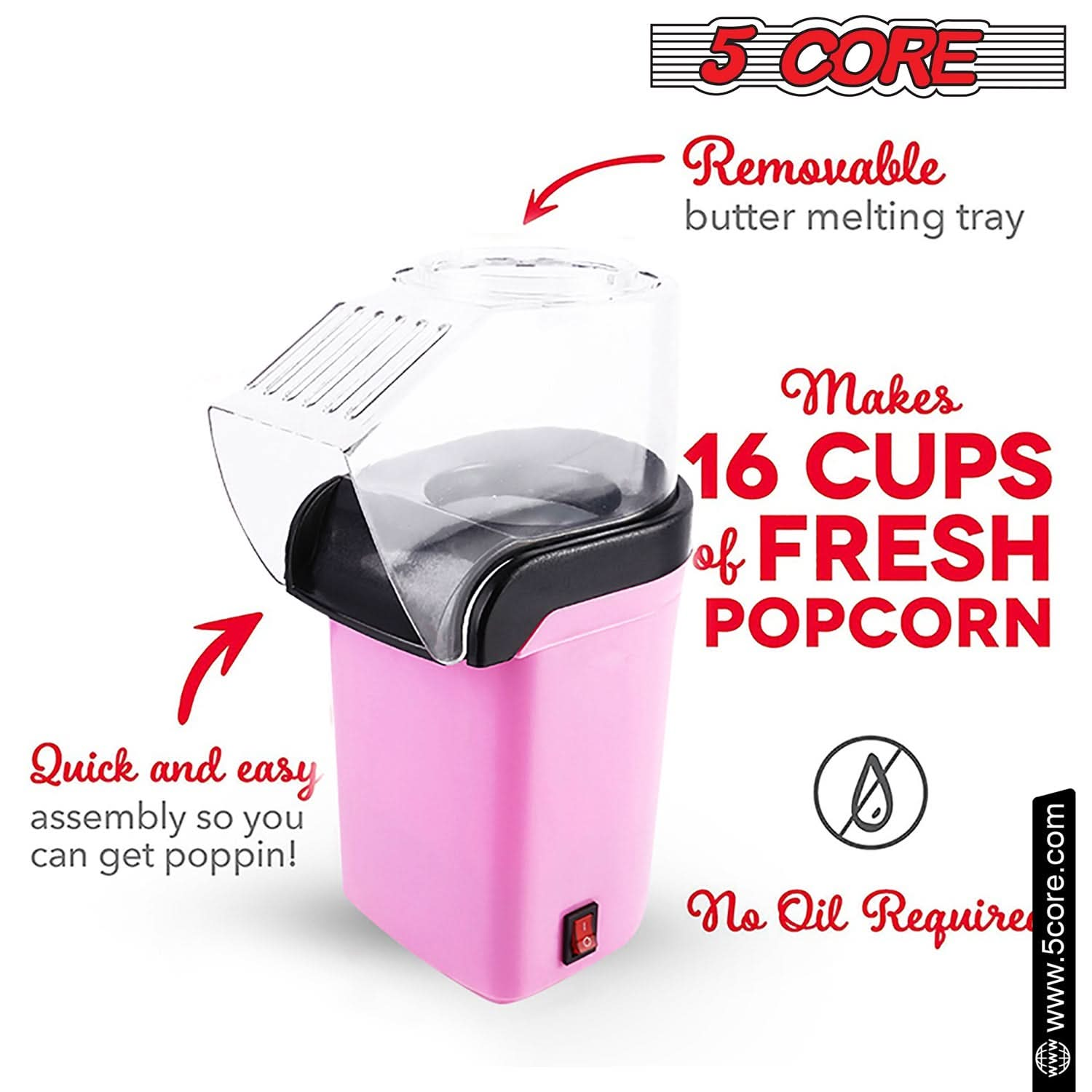 5Core Popcorn Machine 16 Cup Hot Air Popper Mini Portable Electric Pop Corn Maker PINK