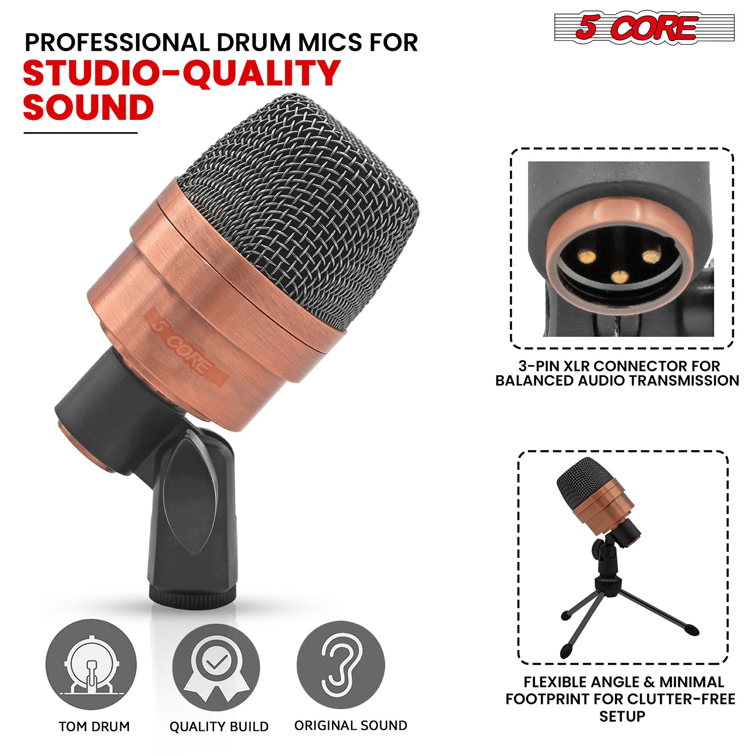 5 Core Conga Mic Snare Tom Microphone Drum Kit Condenser XLR Instrument Mics