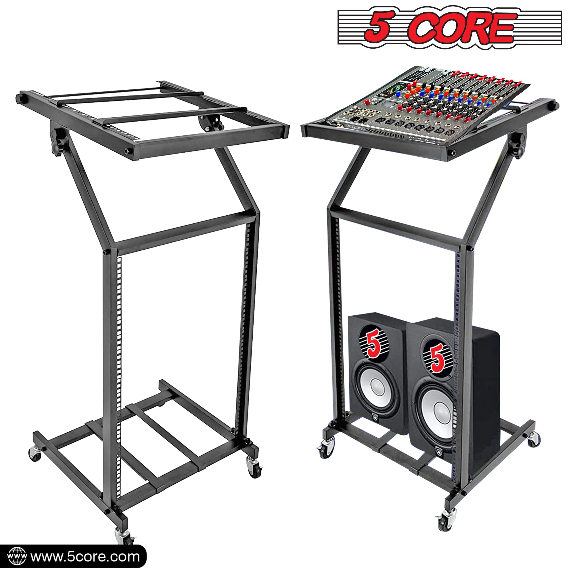 5 Core 16U DJ Mixer Stand • Adjustable Rack Mount • Professional Rolling Stage Mixer Cart w Wheel
