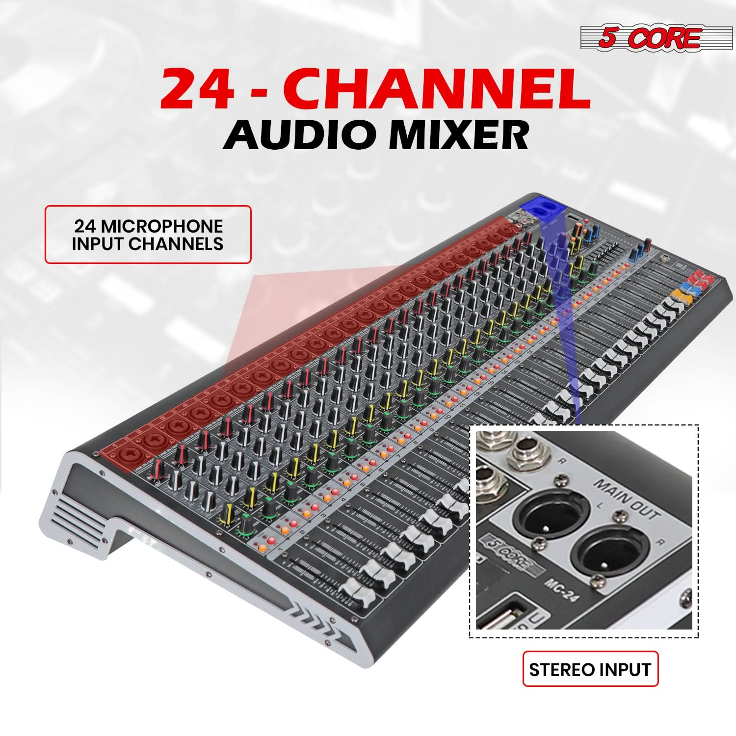 5 Core Audio Mixer 24 Channel DJ Sound Board w Bluetooth USB PC Recording PA Analog Mixing Interface