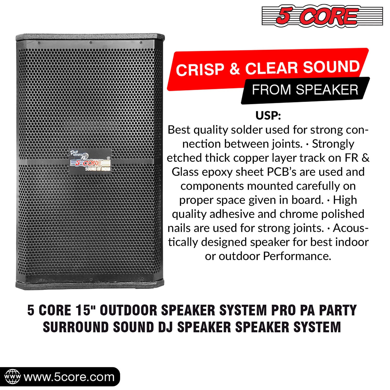 5Core Portable Cabinet PA DJ Speaker System 15" 2000W Passive 2 Way Loudspeaker  Full Range Audio