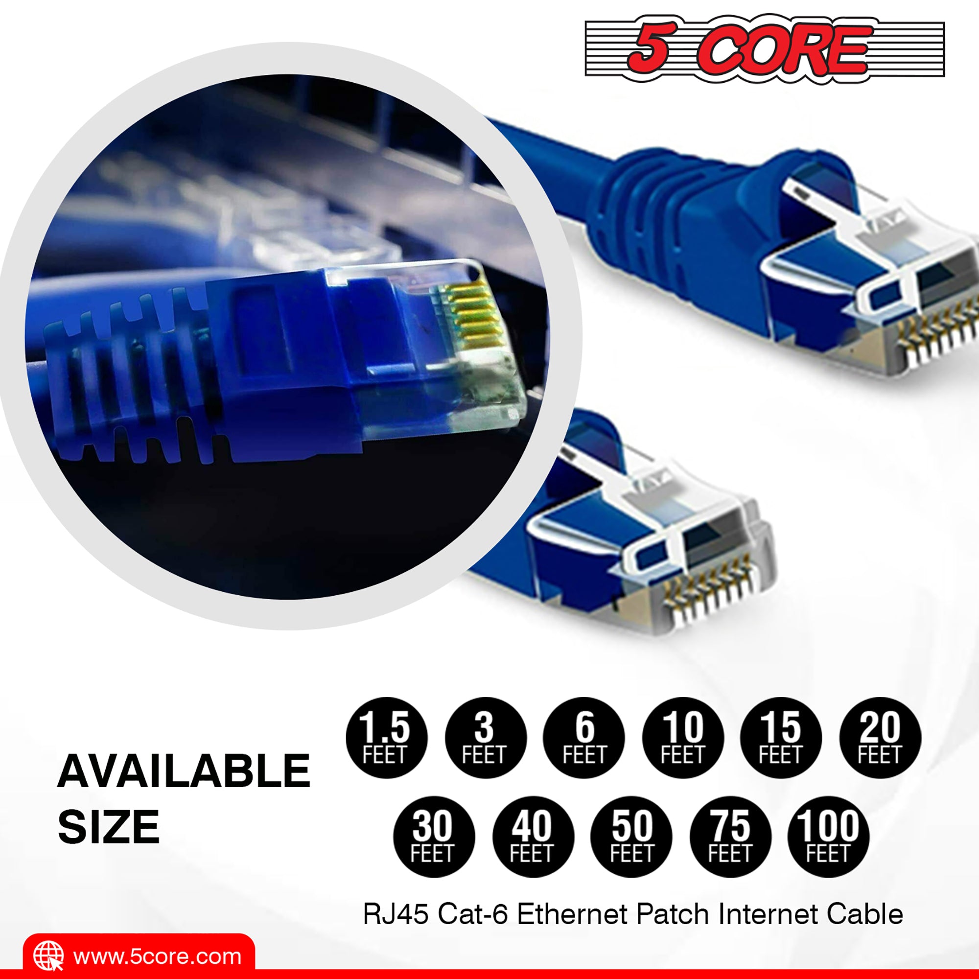 5 Core Cat 6 Ethernet Cable • 10 ft 10Gbps Network Patch Cord • High Speed RJ45 Internet LAN Cable