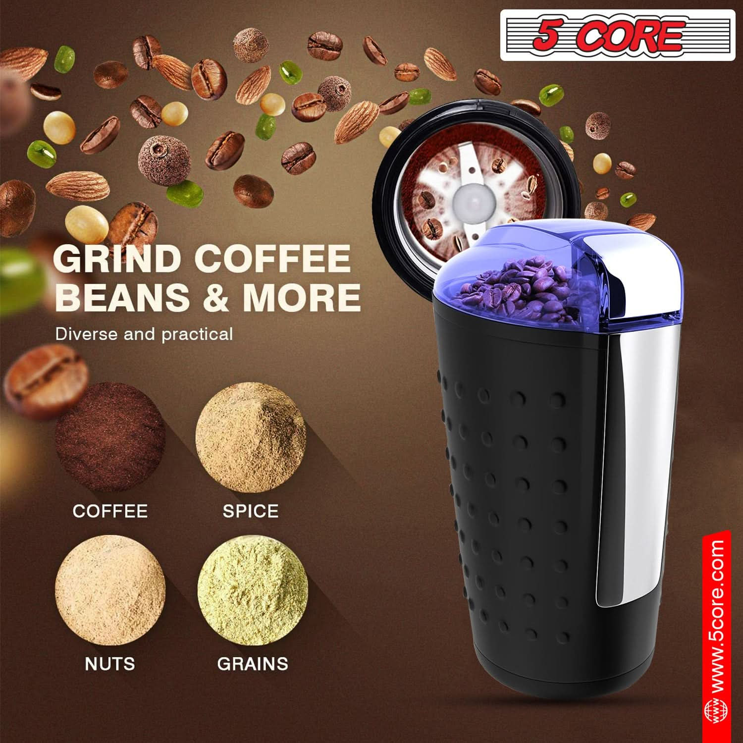 5 Core Coffee Grinder 85 Gram Capacity 150W Electric Bean Spice Grinders Black