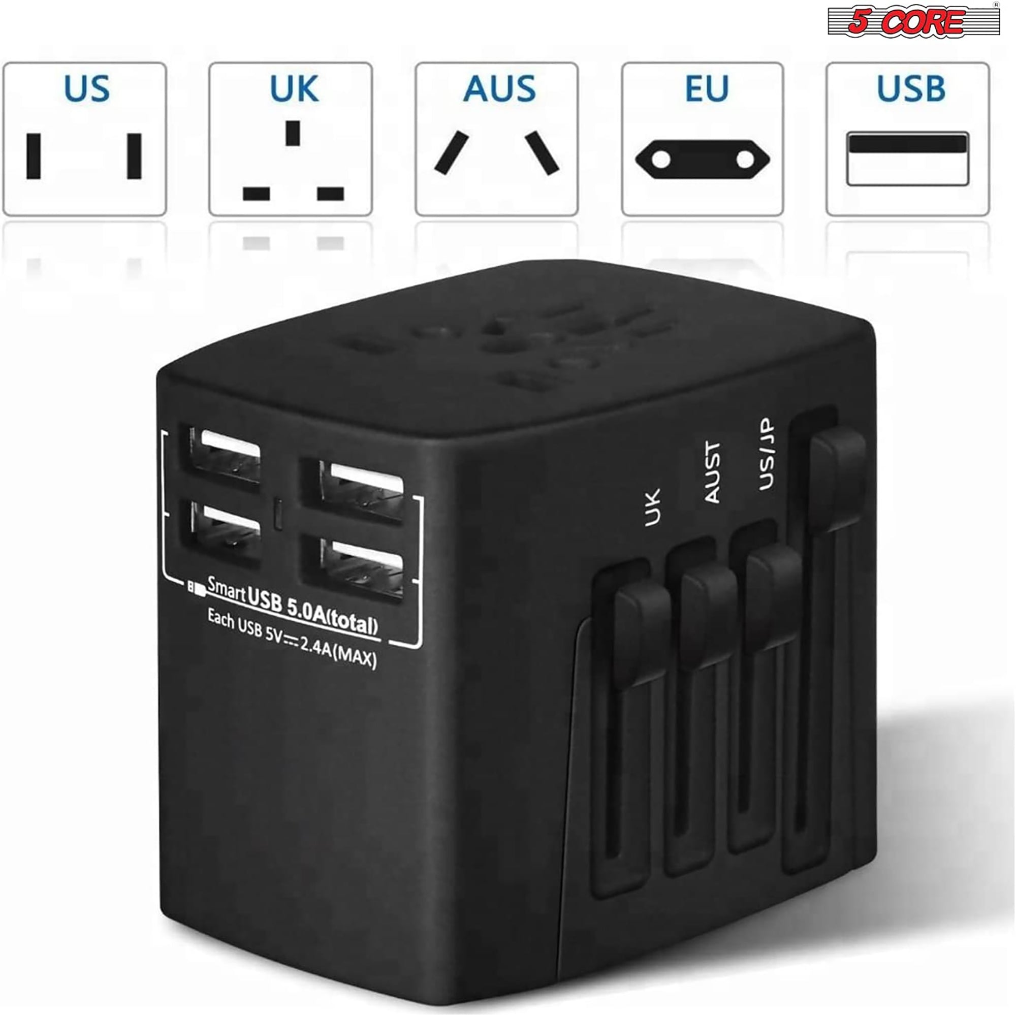 5 Core Travel Adapter 1 Piece Black International Power Adapter Plug Multi Outlet Port 4 USB Travel Charger Universal AC Plug Outlet Adapter- UTA B