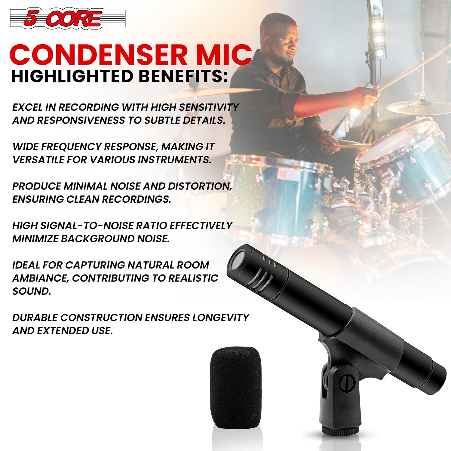 5 Core Dynamic Instrument Microphone Professional XLR Cardioid Uni Directional Pencil Condenser Mic