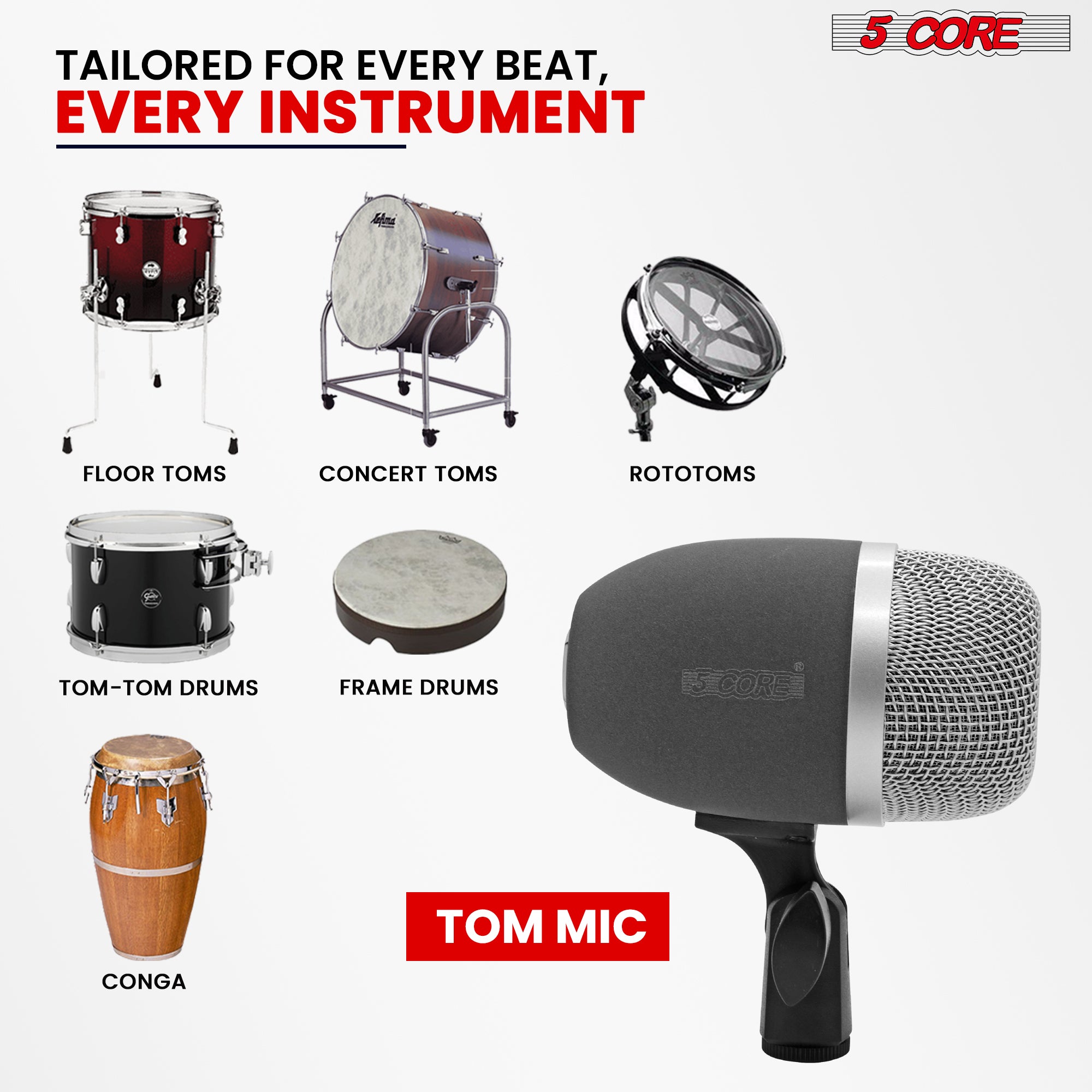 5 Core Tom Microphone • XLR Wired Uni Directional Snare Drum and Other Musical Instrument Mic
