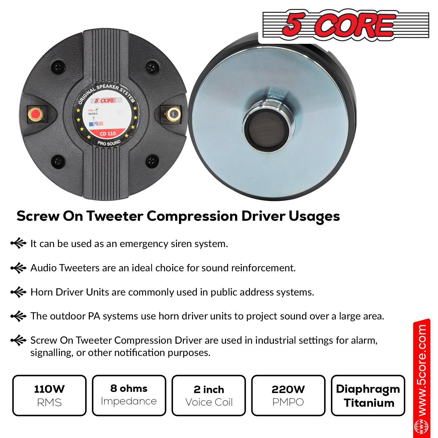 5 Core Compression Driver • 1100W PMPO • Titanium Tweeter Diaphragm 8 Ohm Throat Twist Horn Speaker