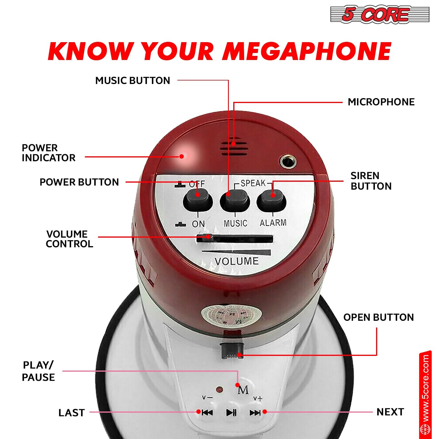 5Core Megaphone Bullhorn Speaker 50W Bull Horn Rechargeable Cheer Megafono 1000 Yards BLUETOOTH