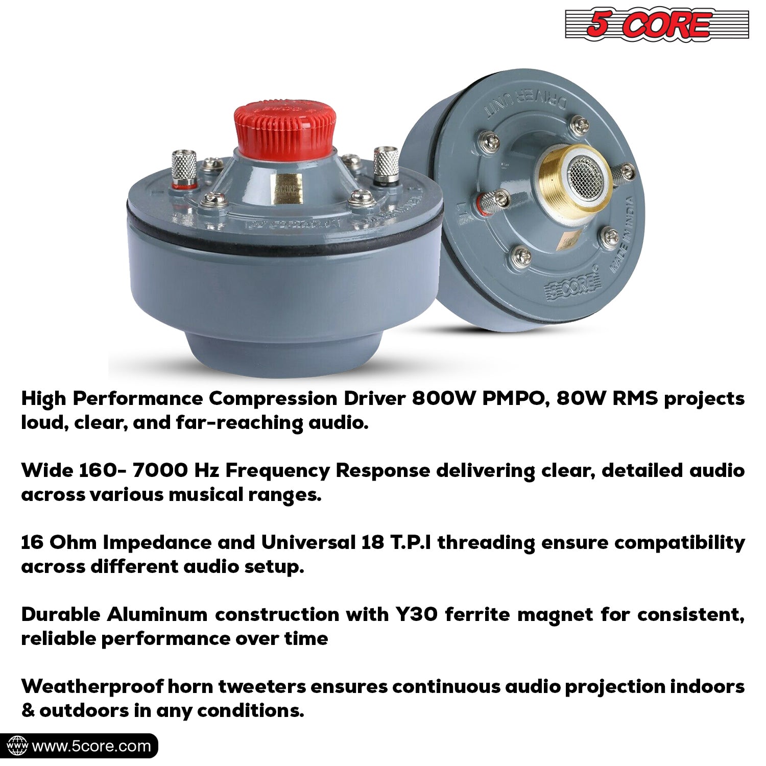 5 Core Compression Driver 800W Peak Aluminium Tweeter Diaphragm 16 Ohm Throat Twist Horn Speaker