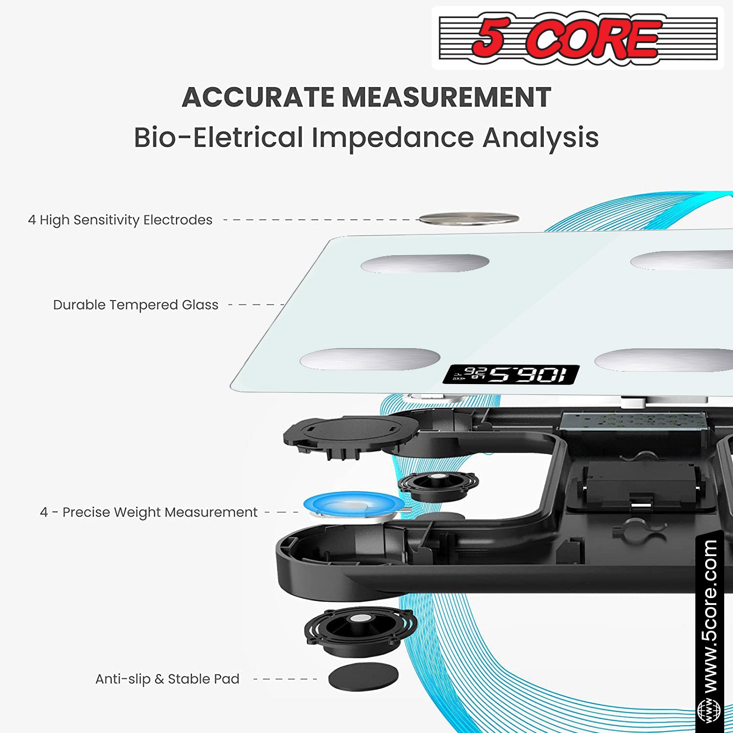 White 5 Core Bluetooth Smart Scale for Precision Body Weight Measurement