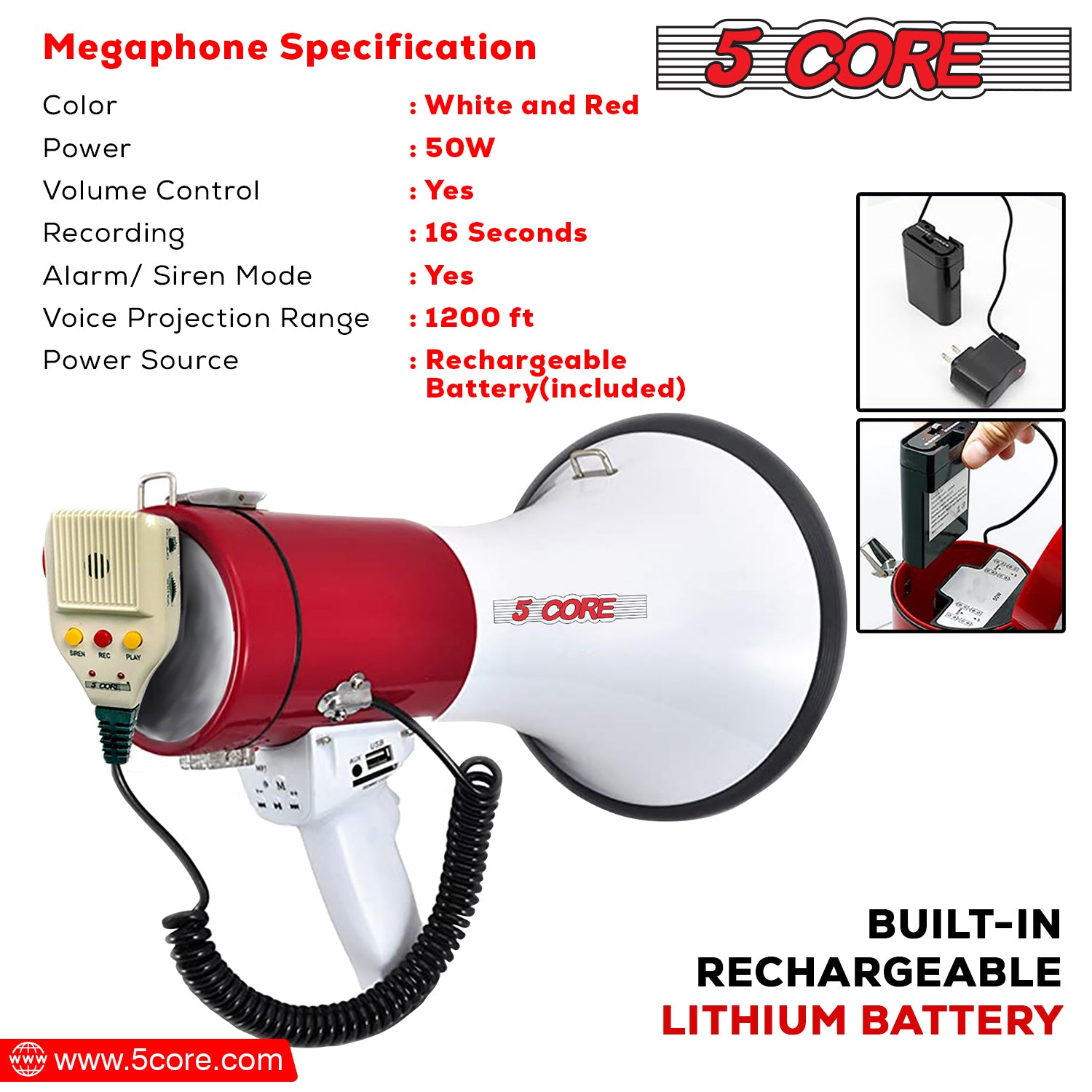 5 Core Portable Megaphone Speaker Rechargeable 50W Bullhorn w Siren Volume Adjustable Mega Phone