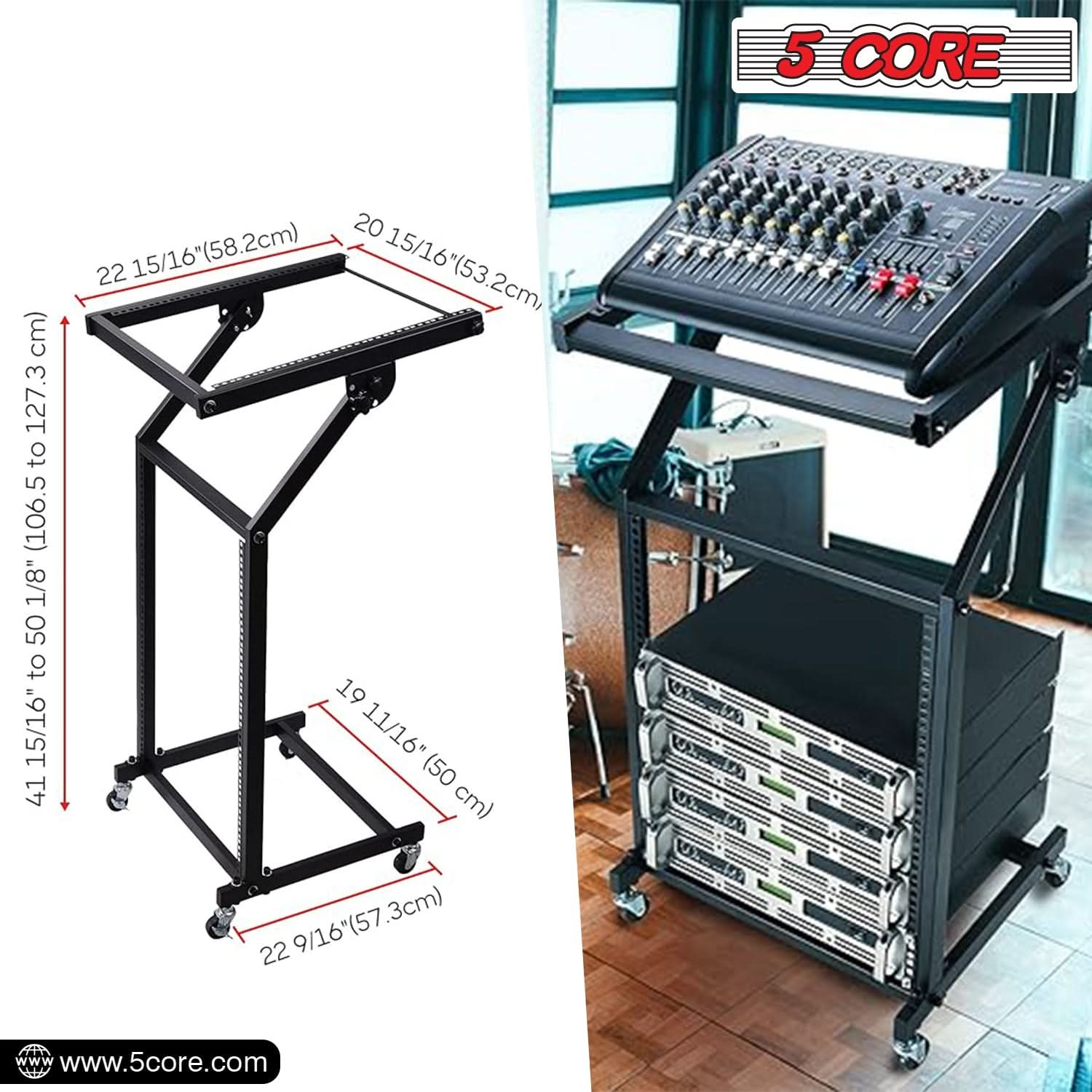 5Core DJ Mixer Stand 12U Adjustable Rack Mount Rolling Stage Cart Pro Audio Studio Equipment w Wheel