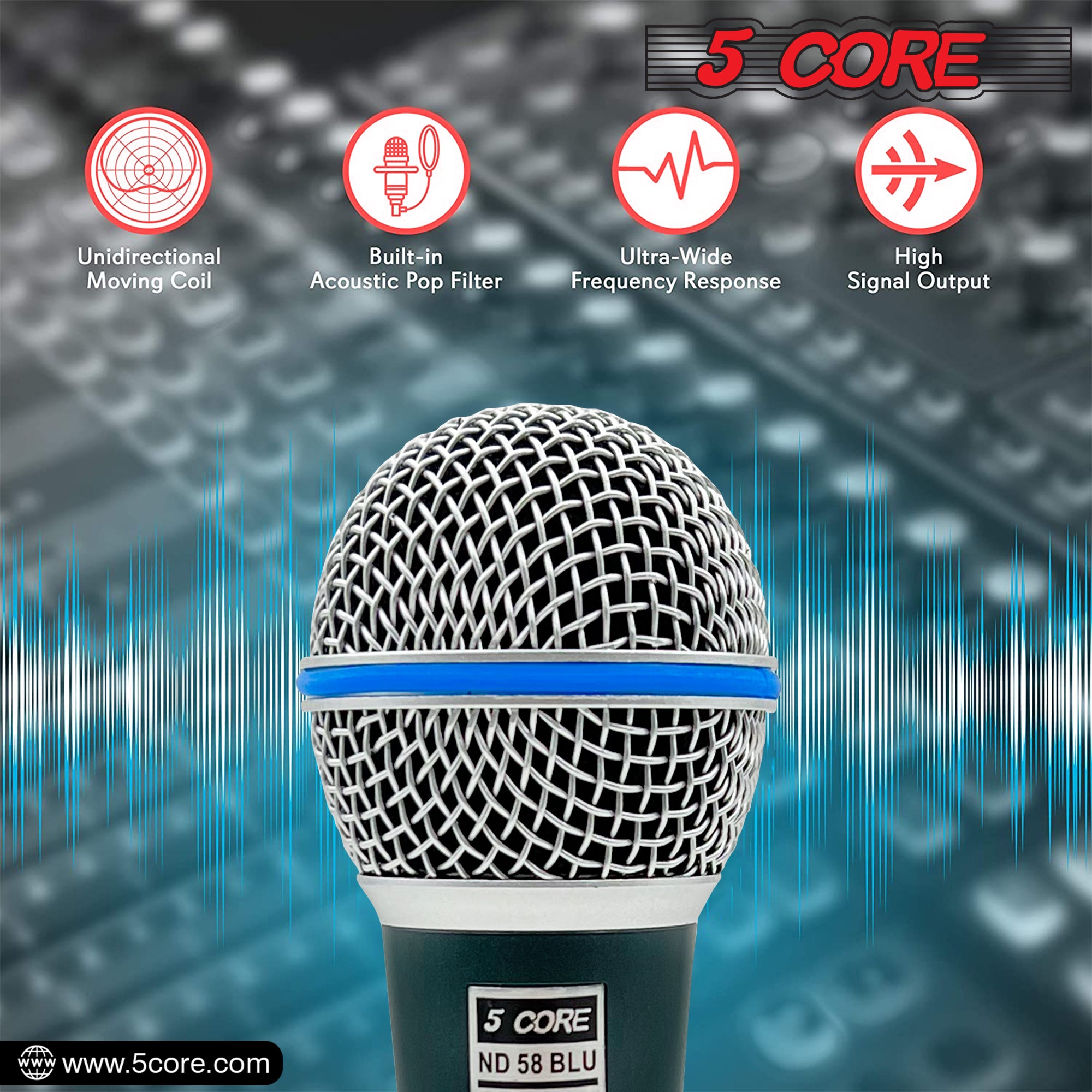 5 Core Microphone Professional Dynamic Karaoke XLR Wired Mic w ON/OFF Switch Pop Filter Cardioid Unidirectional Pickup Handheld Micrófono -ND 58 BLU