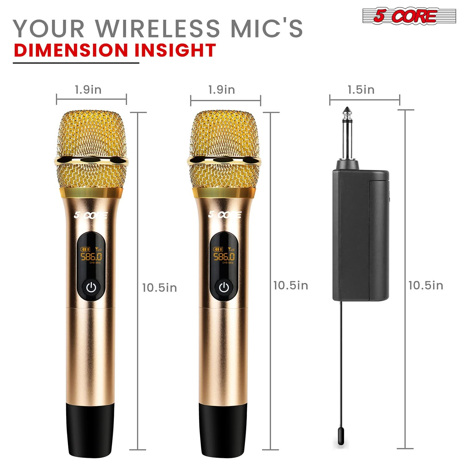 5 Core UHF Wireless Microphone • 210FT Max Range Microfonos Inalambricos • Cardioid Karaoke Dynamic Mic Gold/ Gray