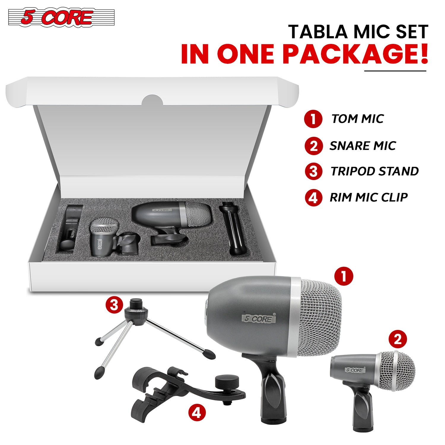 5 Core Tabla Microphone Set Uni-Directional Bayan Dayan Instrument Mic w Balanced XLR Connection
