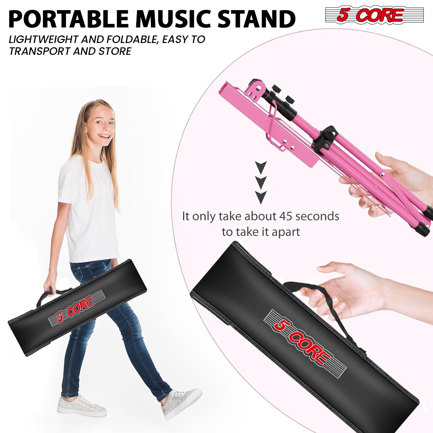 5Core Music Stand For Sheet Music Portable Tripod Adjustable Folding Note Holder With Light PINK