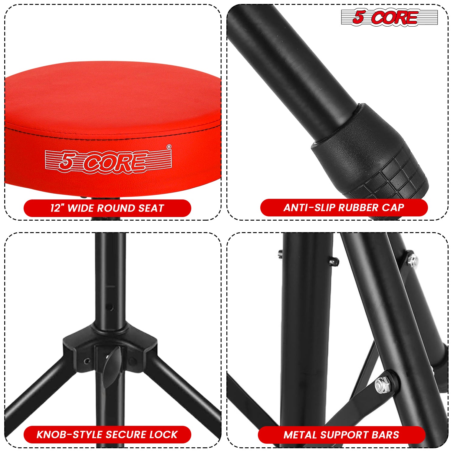 5Core Drum Throne Adjustable Guitar Stool Padded Drummer Seat for Adults & Kids RED