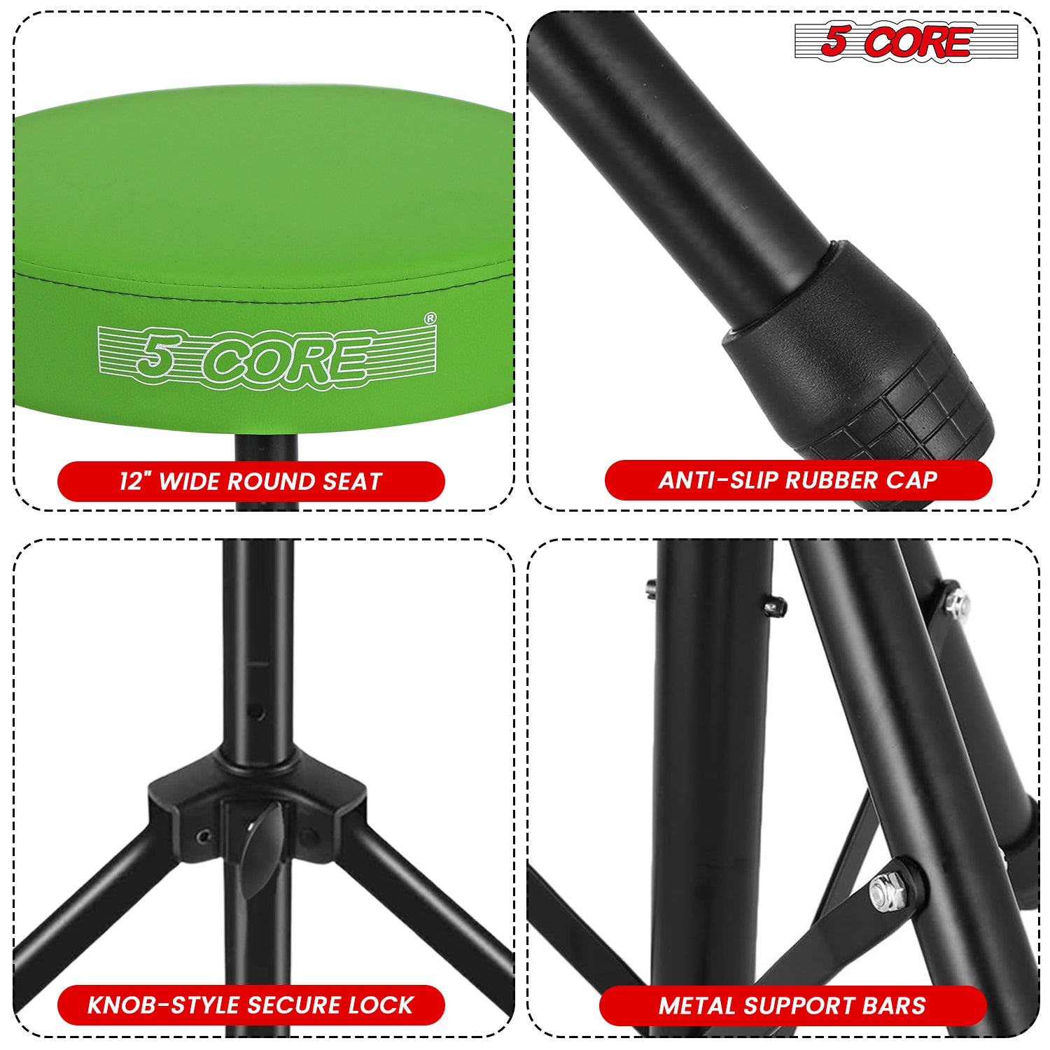 5Core Drum Throne Adjustable Guitar Stool Padded Drummer Seat for Adults & Kids GREEN