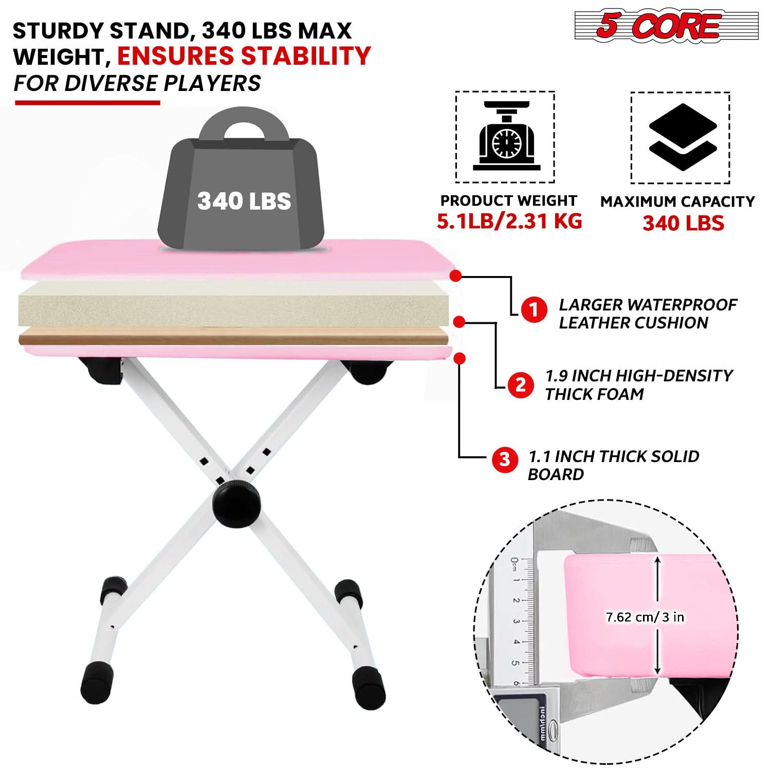 5 Core Keyboard Bench X Style Piano Stool Heavy Duty Adjustable Keyboards Chair Pink