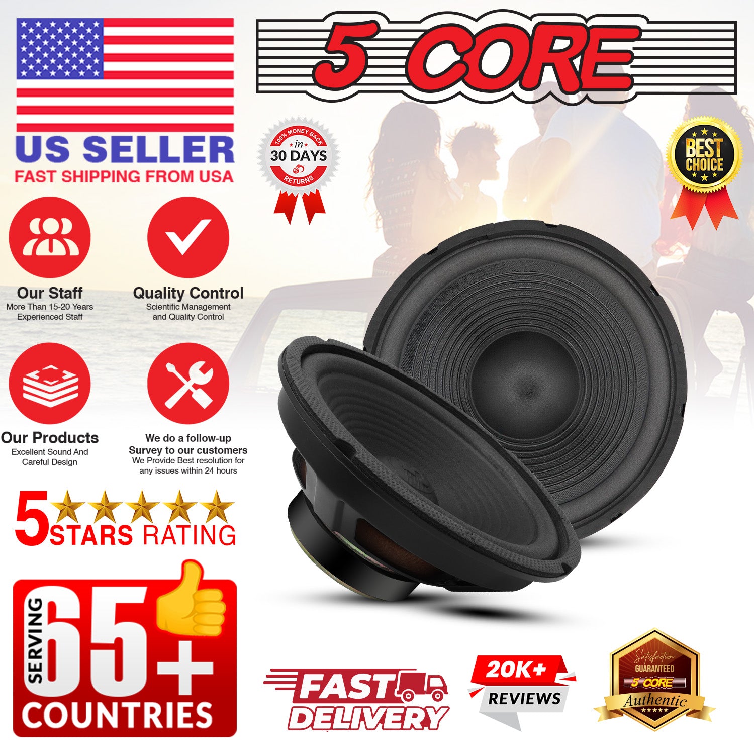 5Core 8 Inch Subwoofer Speaker 500W Peak 4 Ohm Replacement Car Bass Sub Woofer 2 Pcs