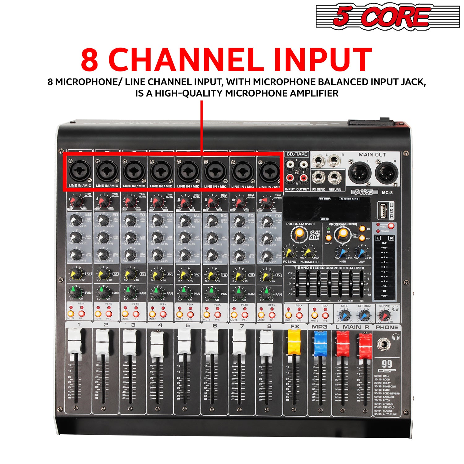 5 Core Audio Mixer 8 Channel DJ Sound Board w Bluetooth USB PC Recording PA Analog Mixing Console