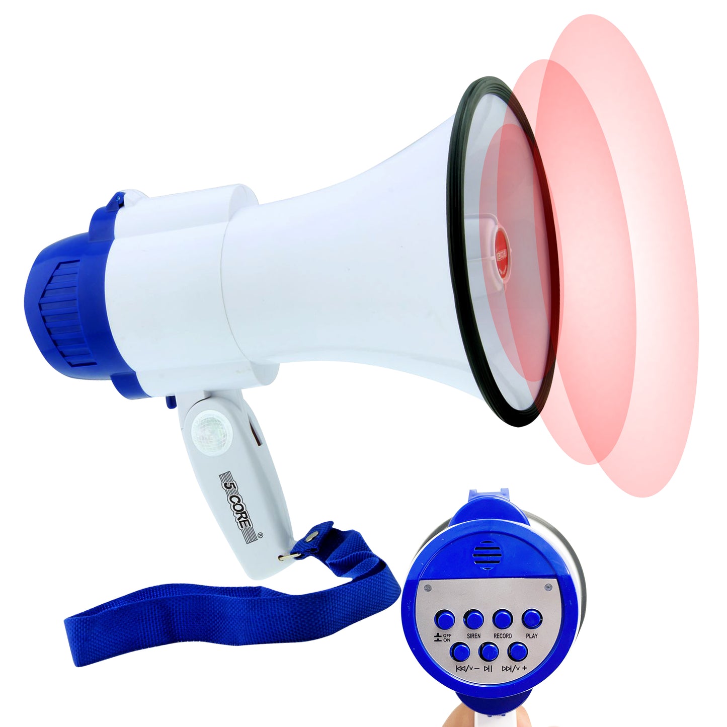 5 Core Megaphone Speakers Amplifier | 10W White-Blue Megaphone with Recording, Volume Control, and Siren Alarm| Battery Operated and Foldable Handle | Bullhorn Speaker with Blue Strap- 8R