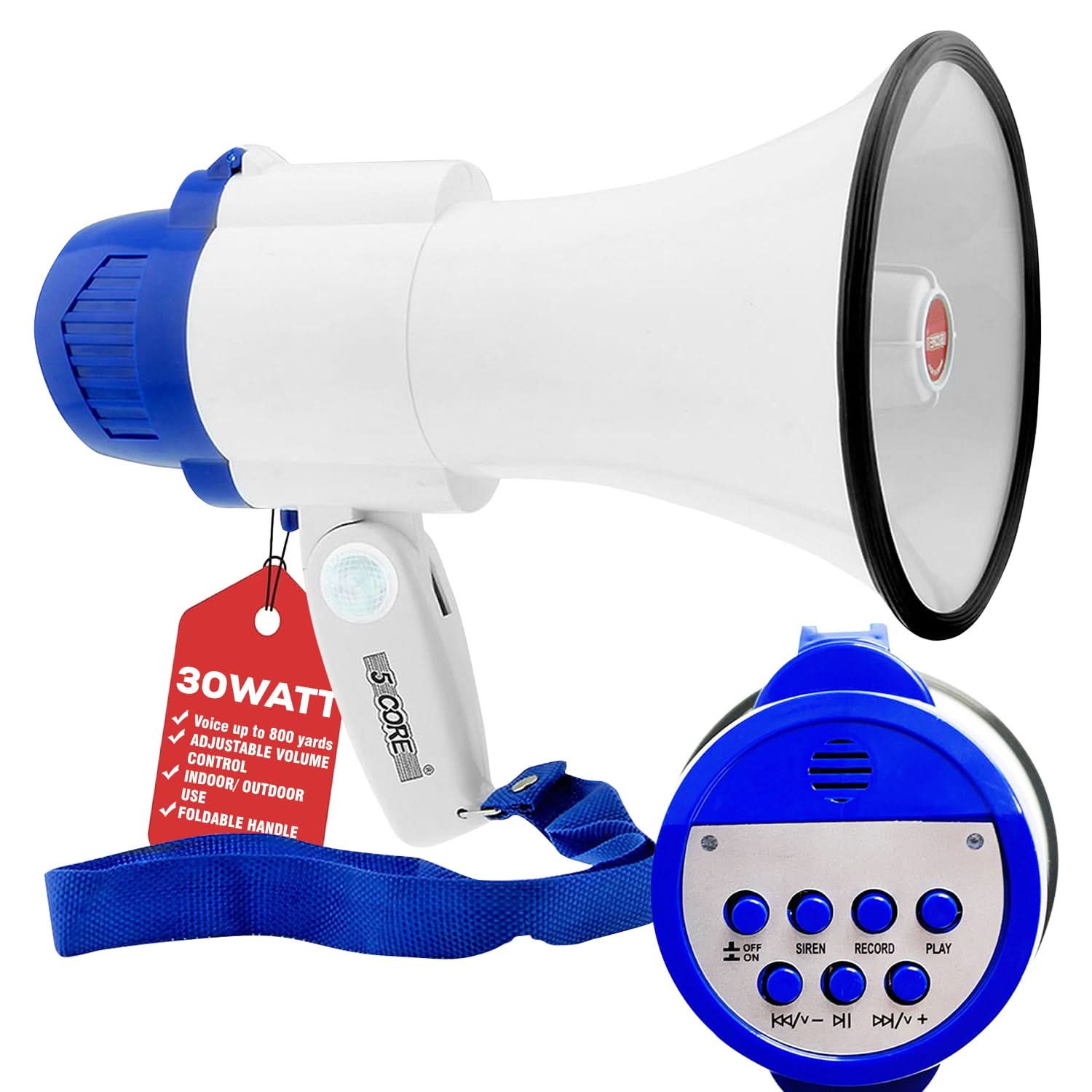 5Core Megaphone Bullhorn Speaker 30W Mini Bull Horn Battery Power Megafono 800 Feet USB BATTERY