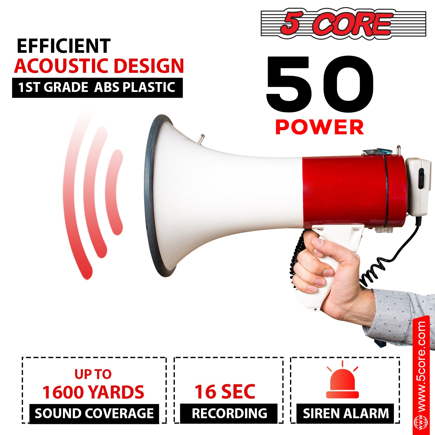 5 Core Megaphone Bull Horn 50W Rechargeable Loud Siren Noise Maker Professional Bullhorn Speaker PA System w Recording USB SD Card Adjustable Volume for Coaches Sport Speeches Emergencies Crowd Control -66SF