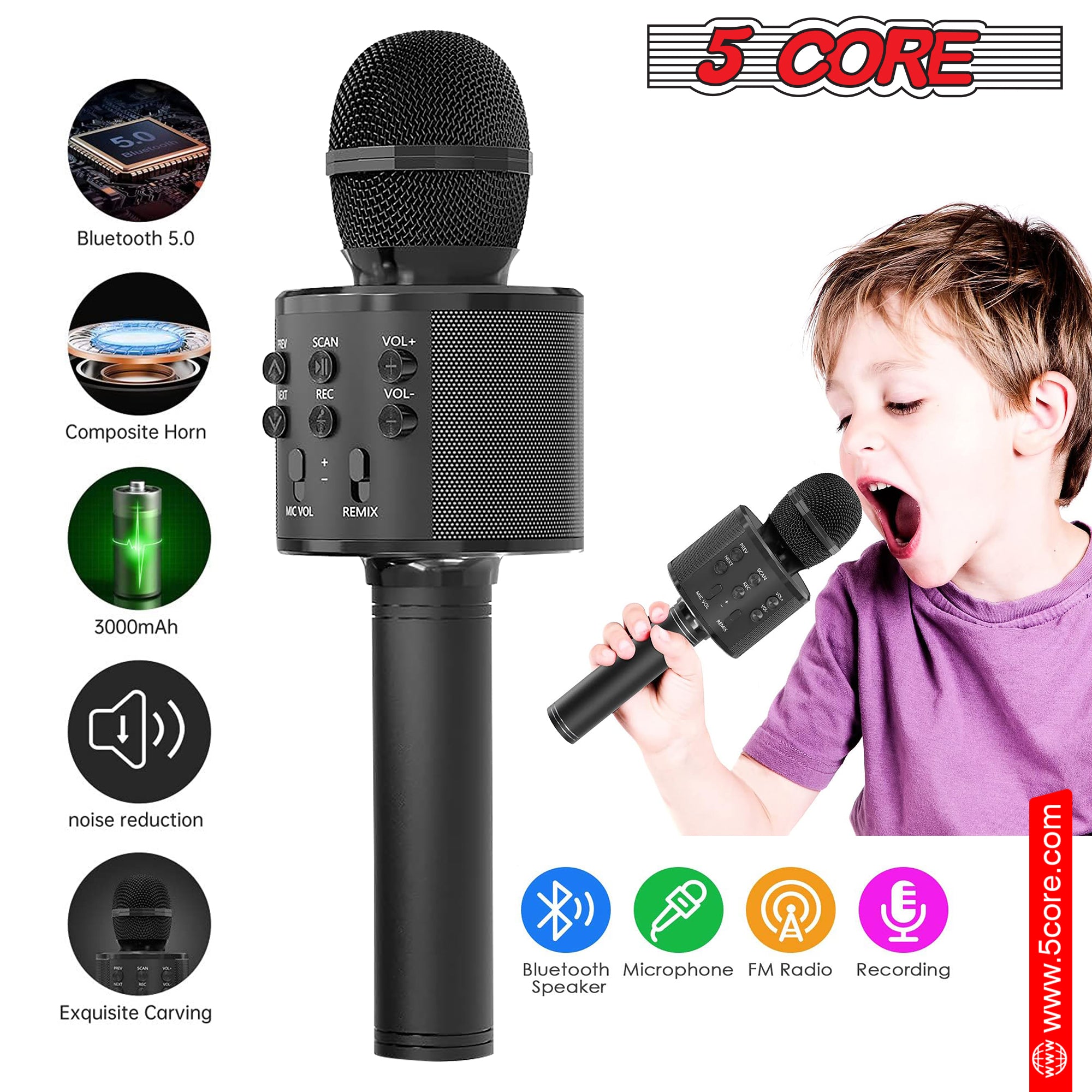 5 Core Bluetooth Wireless Karaoke Microphone, All-in-One Premium Handheld Karaoke Mic Speaker Recorder Player w/ Adjustable Remix FM Radio Great Gifts for Girls Boys Adults All Age (Black)- WM SPK BLK