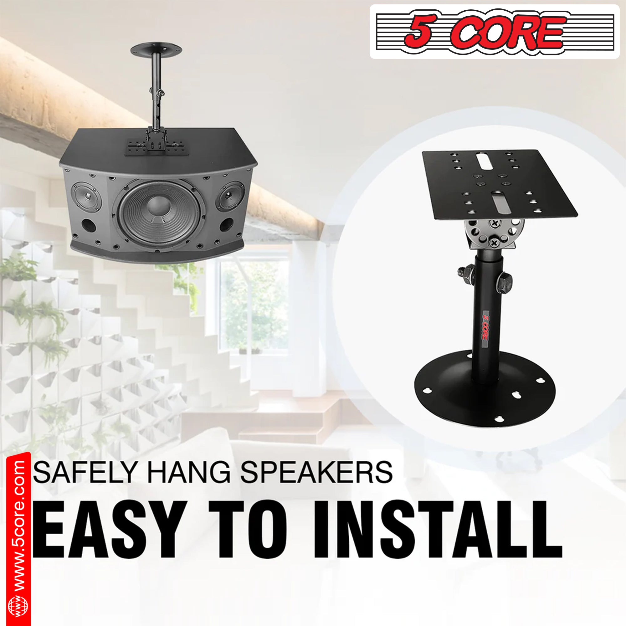 5 Core Speaker Wall Ceiling Mount Stand 2 Pieces Black Sturdy Speaker Mounting Bracket w/ Adjustable Swivel Tilt, Retractable Telescopic Arm for Surround Sound System Bookshelf Satellite Speakers 75 lbs Capacity -WST 01 Pair