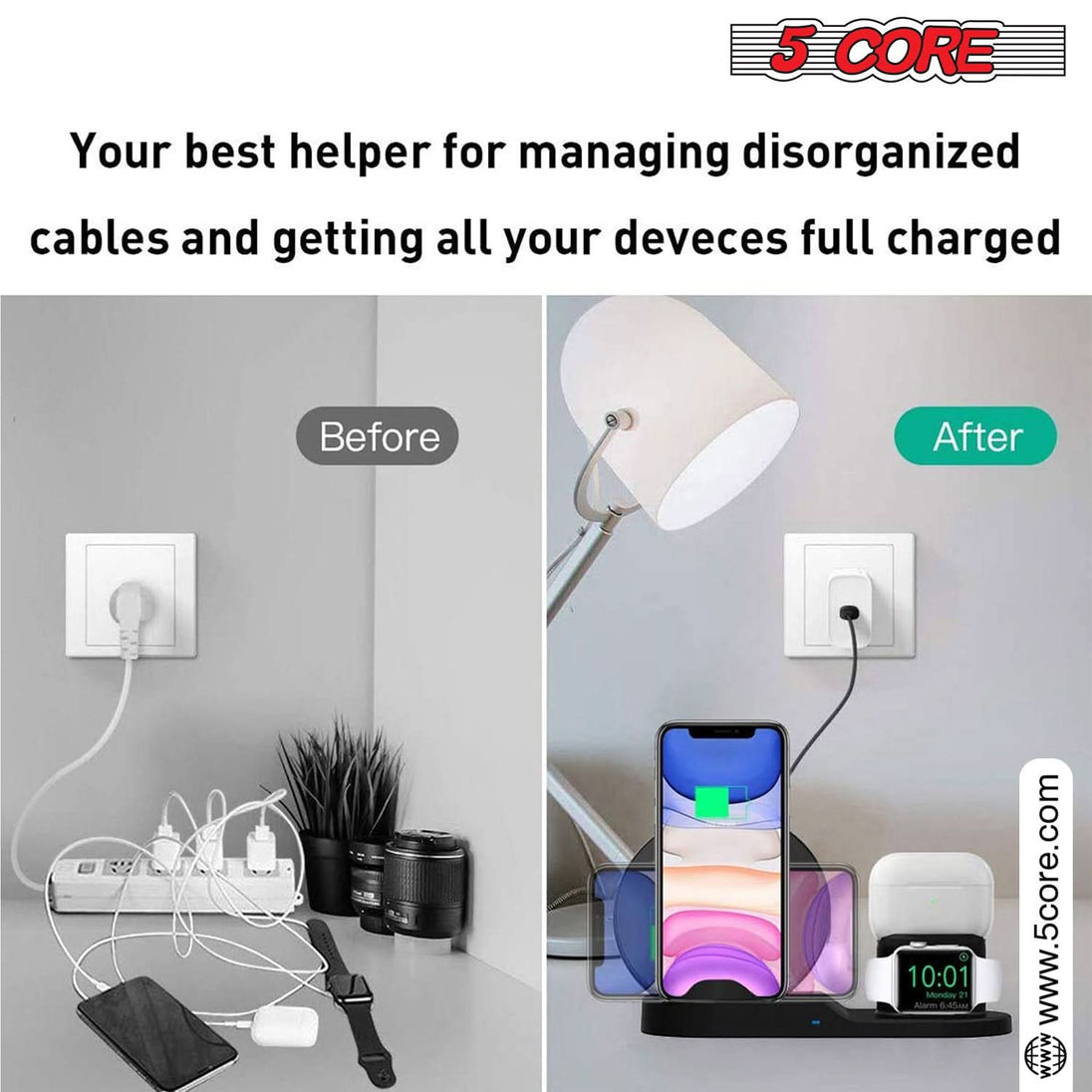 5 Core All-in-One Charger: Wireless charging station for phone, smartwatch, and earpods.