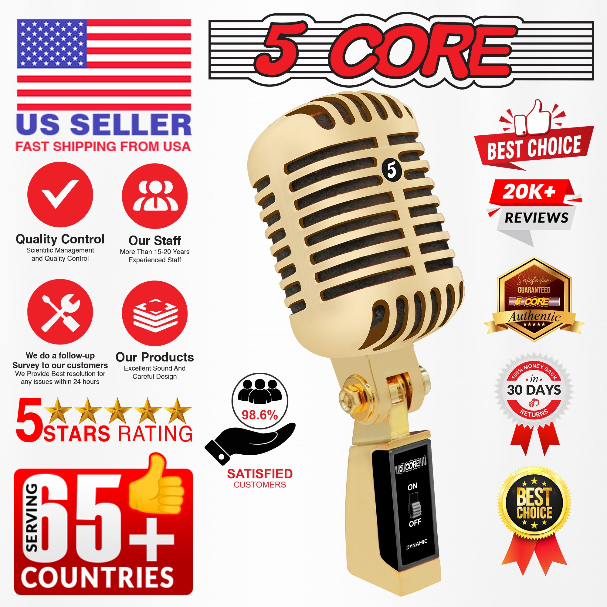 5 Core Classic Retro Microphone Electret Condenser Vocal Rich Iconic Gold Vintage Style Metal Unidirectional Super Cardioid 48V Phantom Mic w Pop Filter for Studio Recording Live Gigs -RTRO MIC GLD