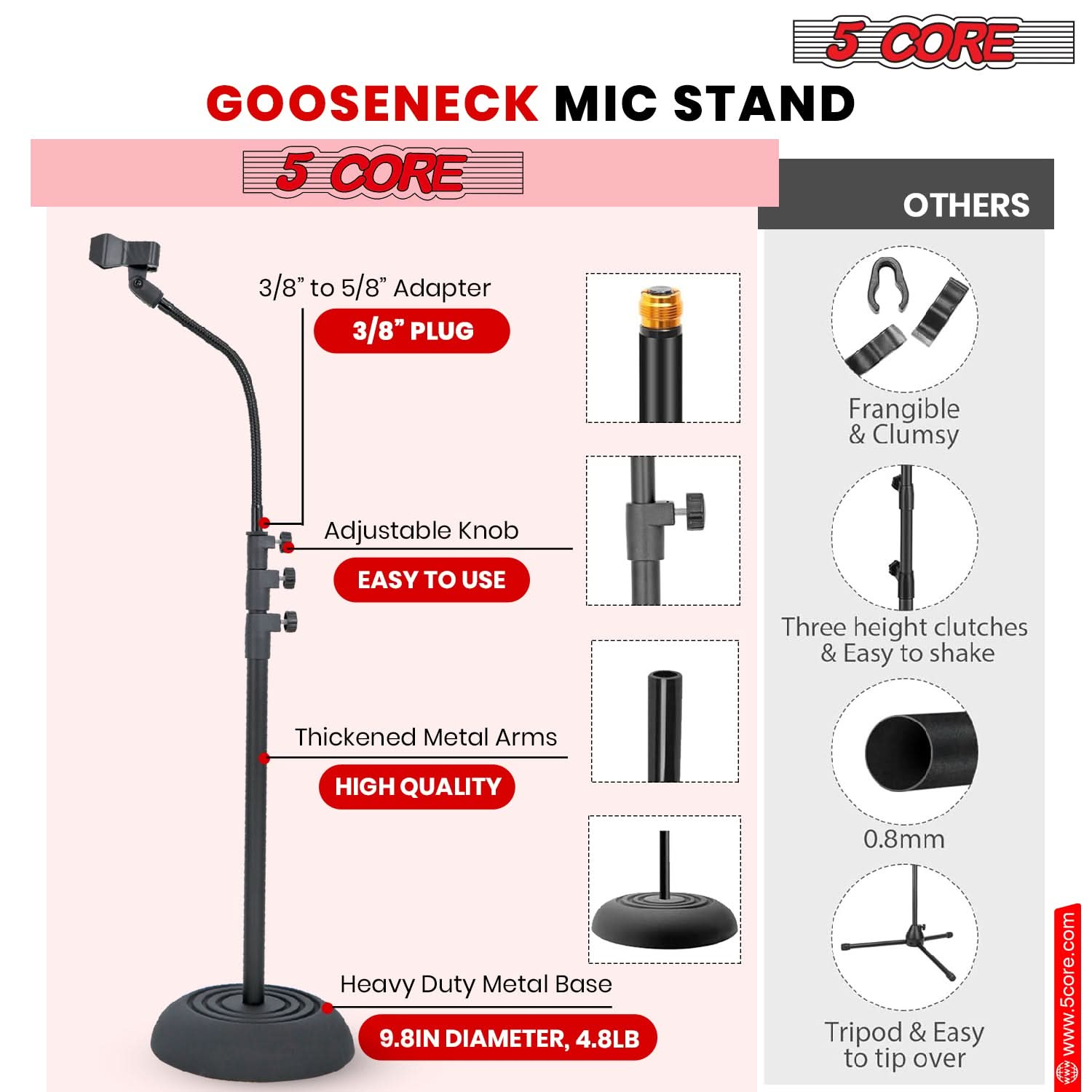 5Core Mic Stand Floor Adjustable Universal Heavy Duty Gooseneck Microphone Stands Round Base Soporte De micrófono