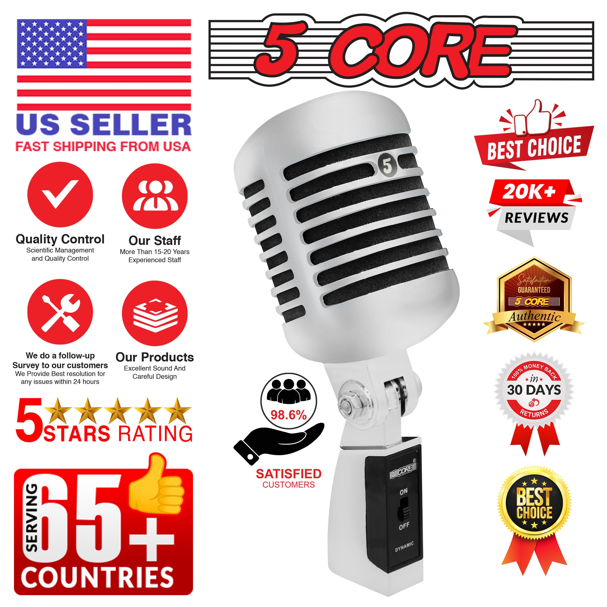 5 Core Classic Retro Dynamic Vocal Microphone Old Vintage Style Rugged Unidirectional Cardioid Professional Noise Reduction Mic for Instrument Live Performance Prop Studio Recording -RTRO MIC CH BLK