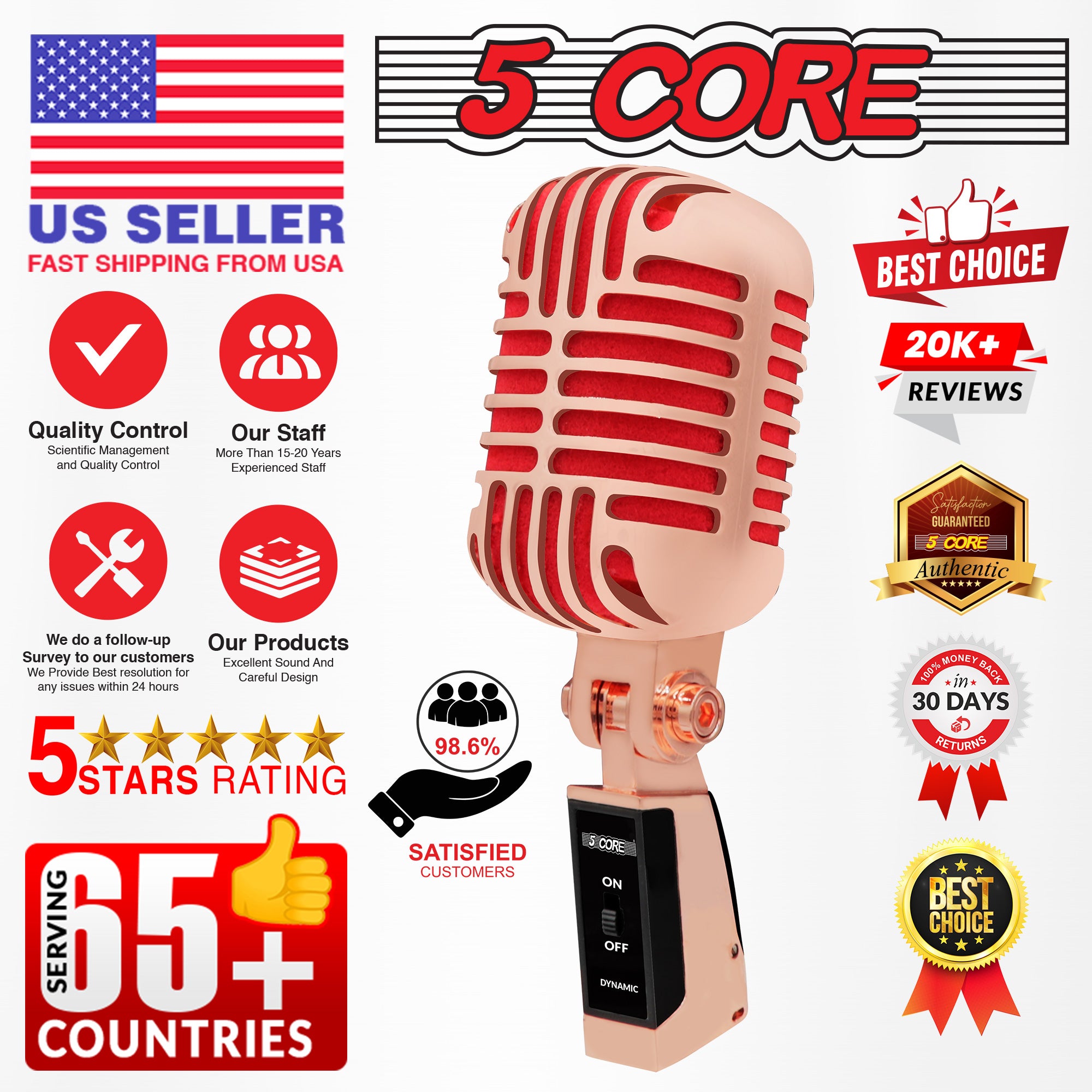5 Core Classic Retro Dynamic Vocal Microphone Old Vintage Style Unidirectional Copper Cardioid Professional Noise Reduction Mic for Instrument Live Performance Prop Studio Recording -RTRO MIC COPPER