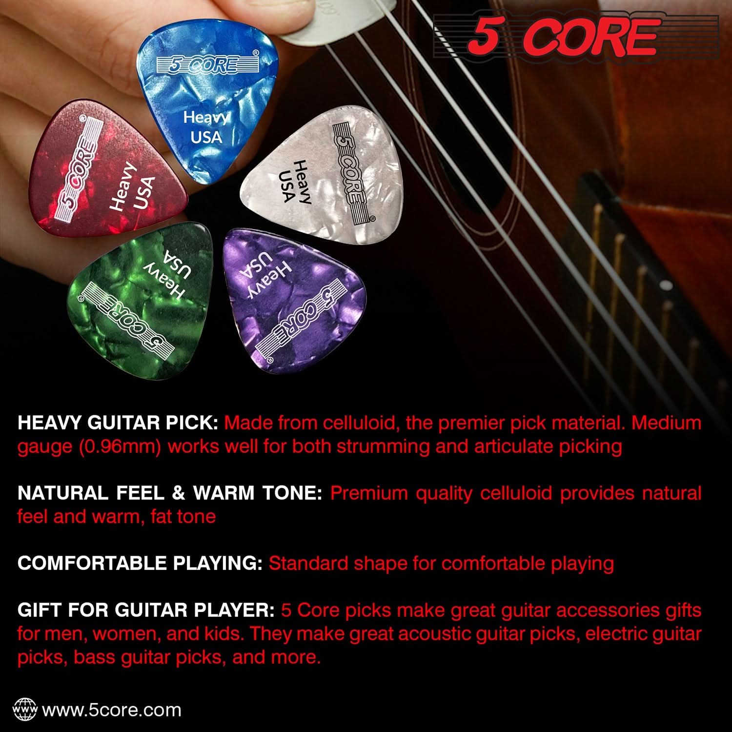 5Core Guitar Picks 0.96mm Celluloid Heavy Gauge Pick - Acoustic Electric Bass Guitars WHITE