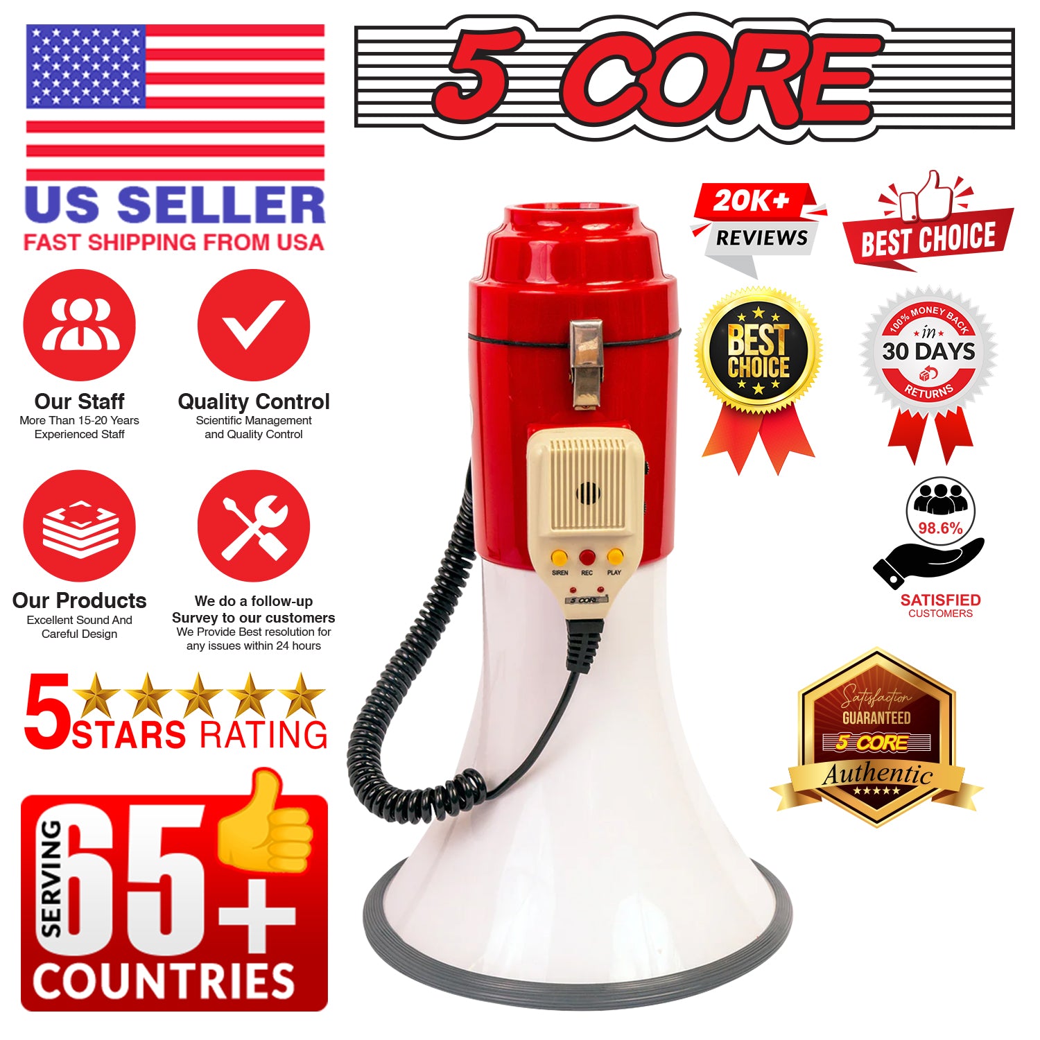 5 Core Megaphone Bull Horn 60W Loud Siren Noise Maker Professional Bullhorn Speaker Rechargeable w Handheld Mic Recording USB SD Card Adjustable Volume for Sports Speeches Events Emergencies -77SF