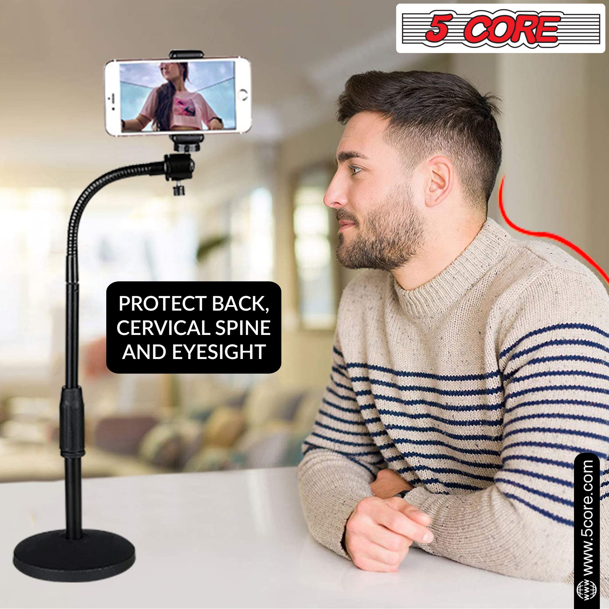 5 Core Cell Phone Stand Adjustable Height & Angle Gooseneck Stand for Desk Flexible Arm Mobile Holder Compatible with 3.5 to 6.5 Inch Device -RBS MOB