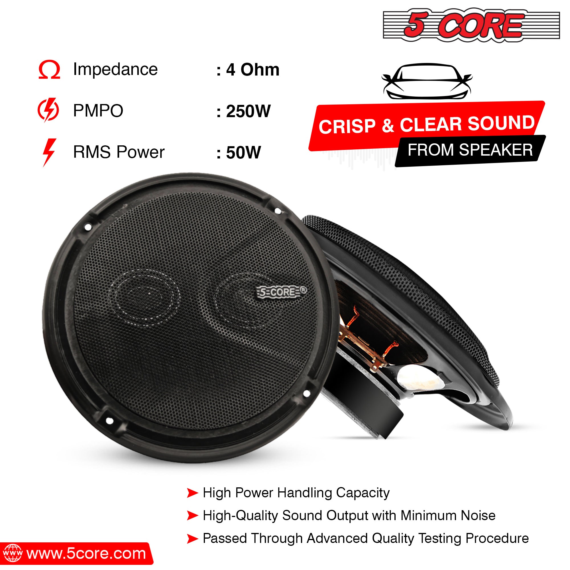 5 Core 6 Inch 2 Way Coaxial Speakers Raw Replacement Door Speaker 250W PMPO Power 50W RMS 4-Ohm Woofer w Neodymium Magnet Tweeters - CS 2 WAY Pair