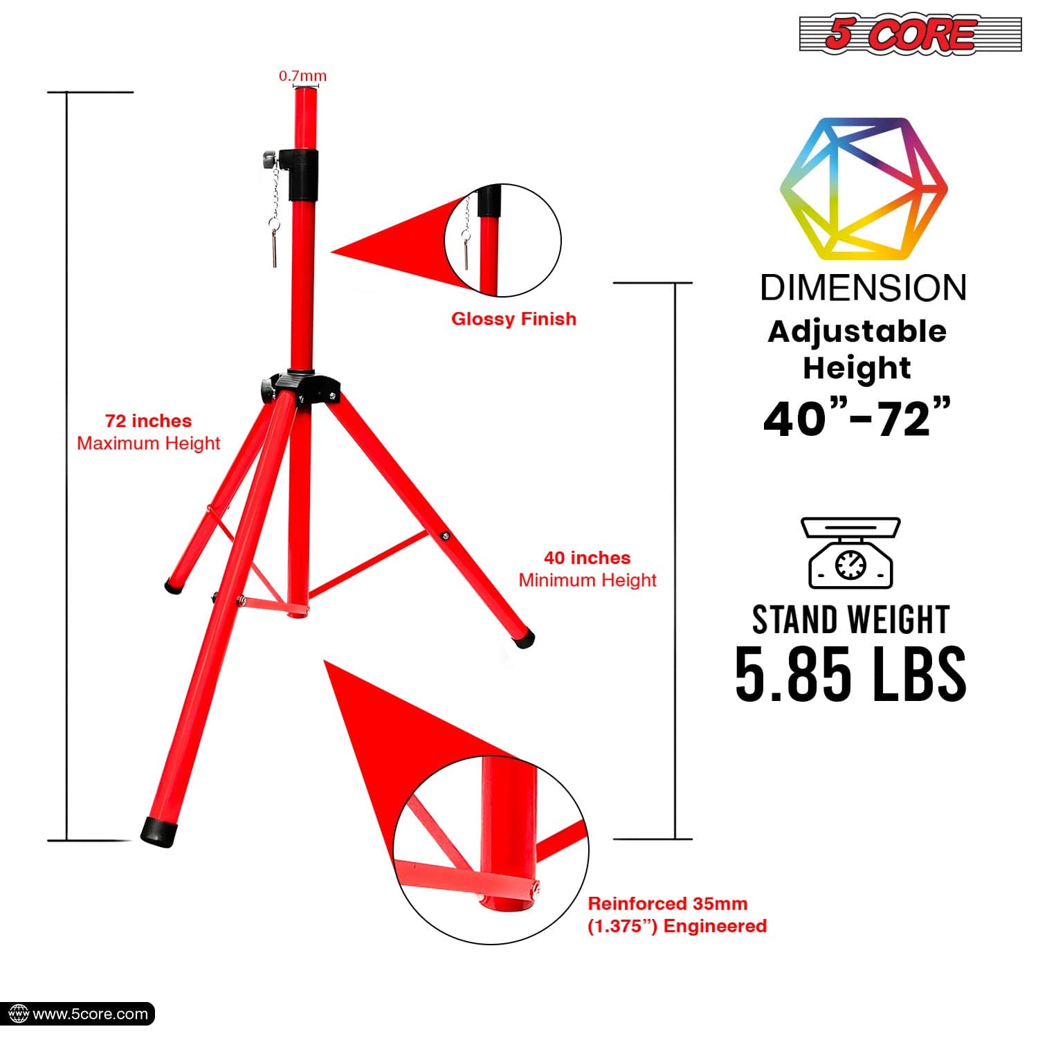 5Core Speaker Stand Tripod Tall Adjustable 72 Inch DJ Pole Mount Studio Monitor Stands RED