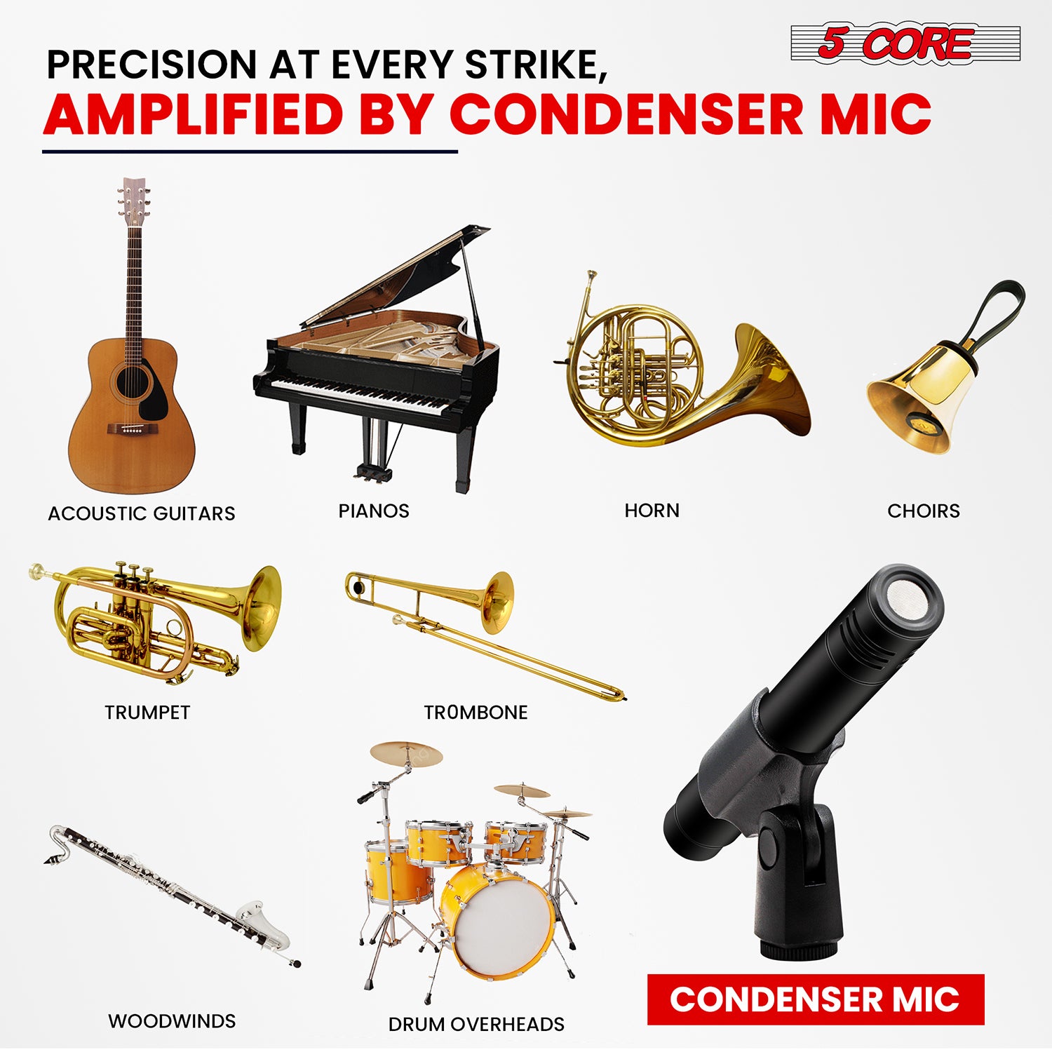 5 Core Dynamic Instrument Microphone Professional XLR Cardioid Uni Directional Pencil Condenser Mic