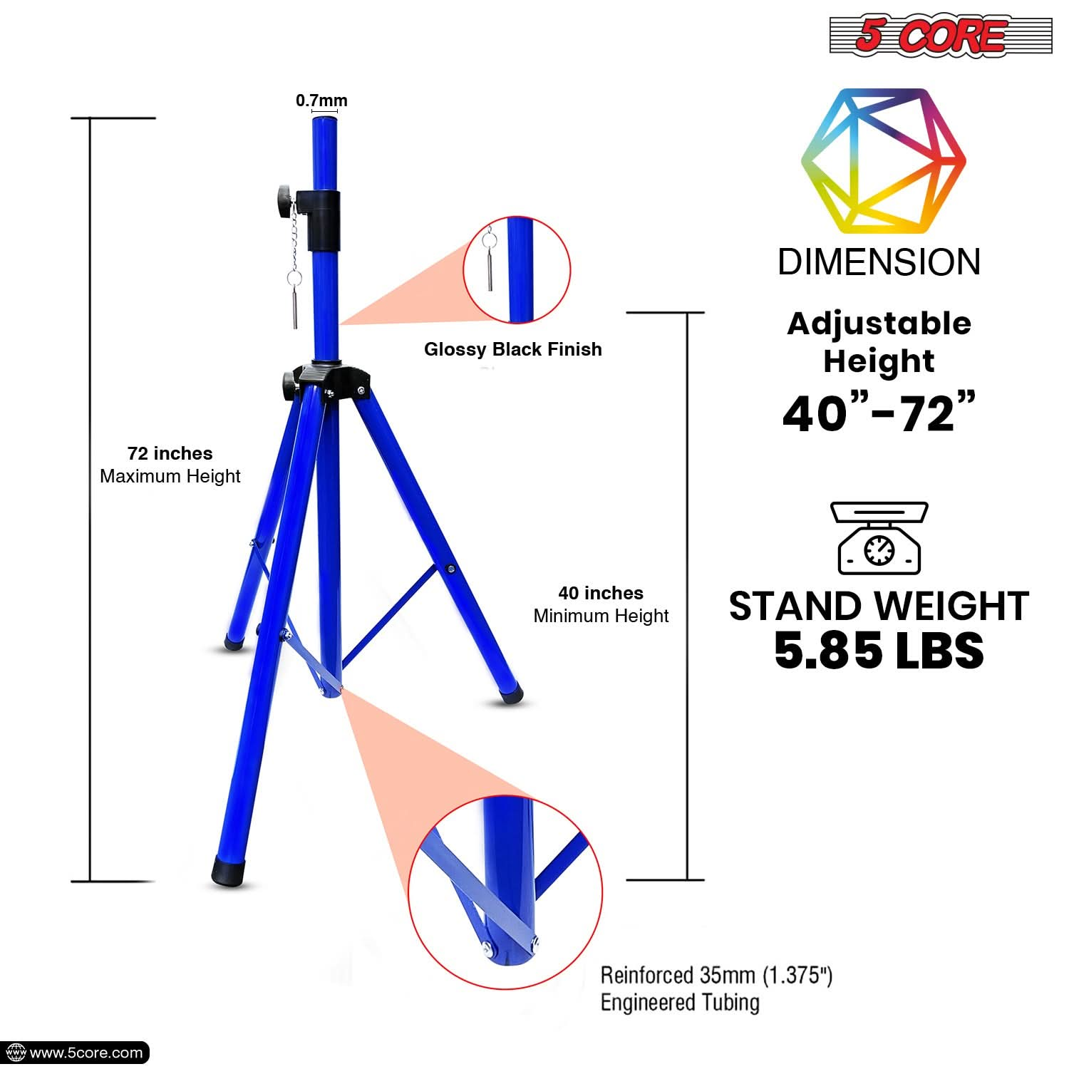 5Core Speaker Stand Tripod Tall Adjustable 72 Inch DJ Pole Mount Studio Monitor Stands BLUE