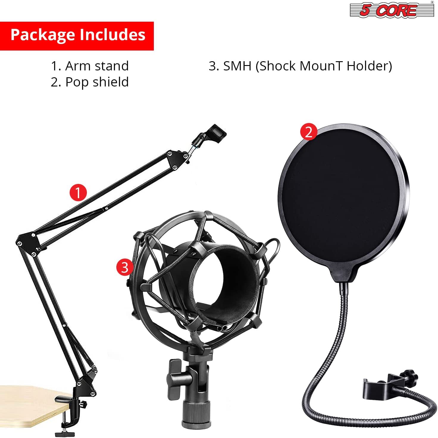 5 Core Microphone Stand Adjustable Suspension Boom Scissor Arm Mic Stand with 3/8/''to 5/8/'' Screw Adapter w Pop Filter Shock Mount - RM STND 3 P