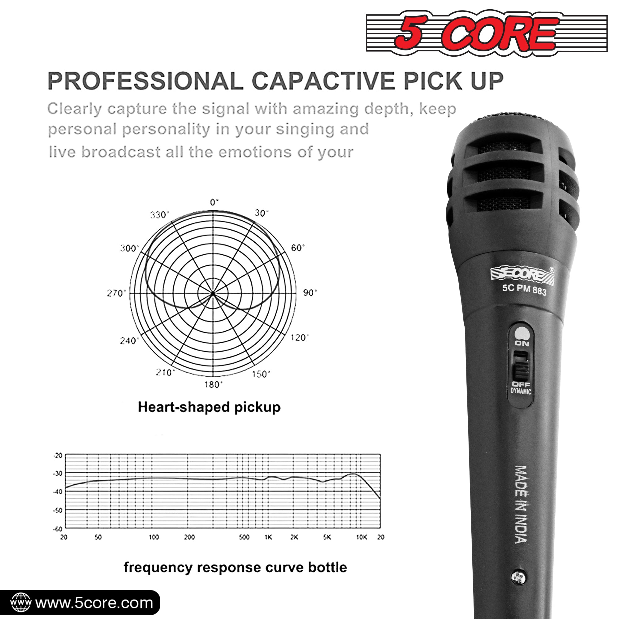 5 Core Microphone Professional Dynamic Karaoke XLR Wired Mic w ON/OFF Switch Pop Filter Cardioid Unidirectional Pickup Micrófono - PM-883