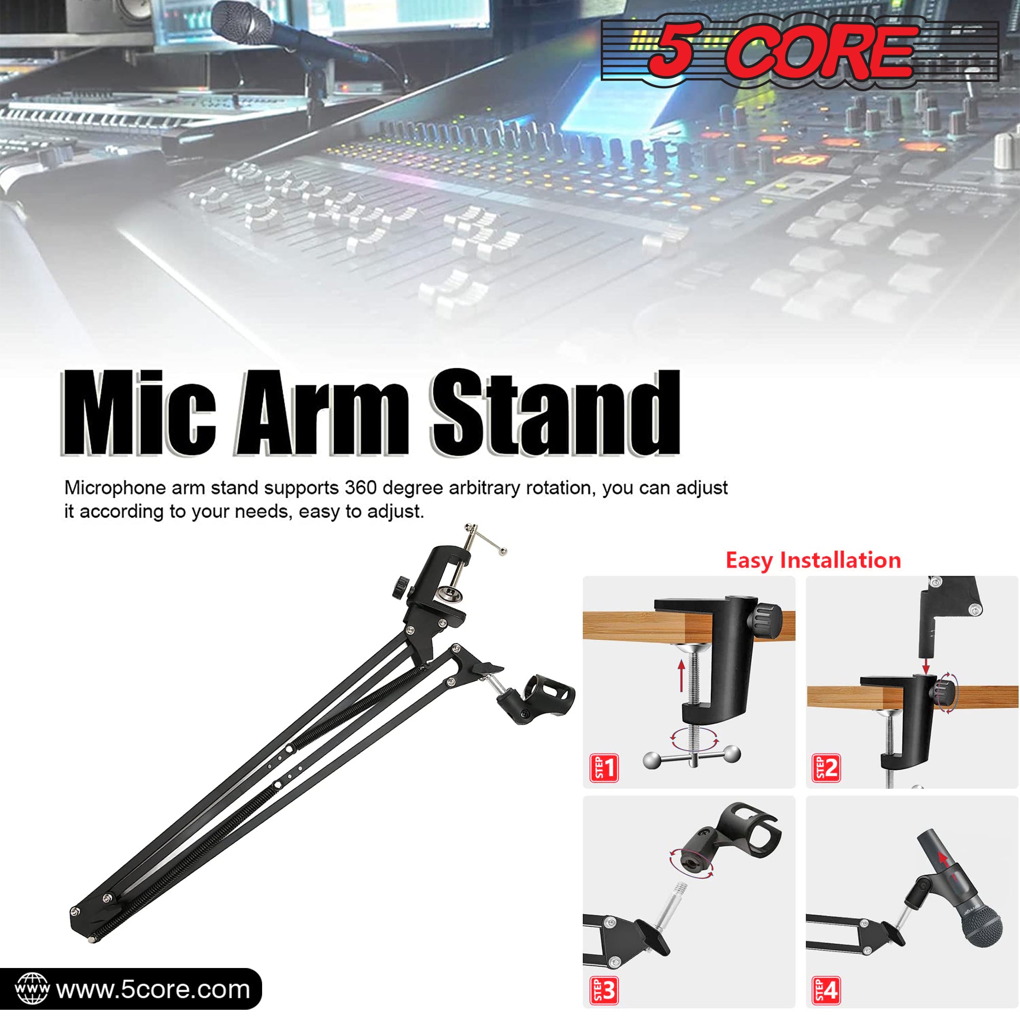 5 Core Microphone Arm Desktop Stand • Heavy Duty Adjustable Suspension Boom Scissor Arm • Load 1.5kg